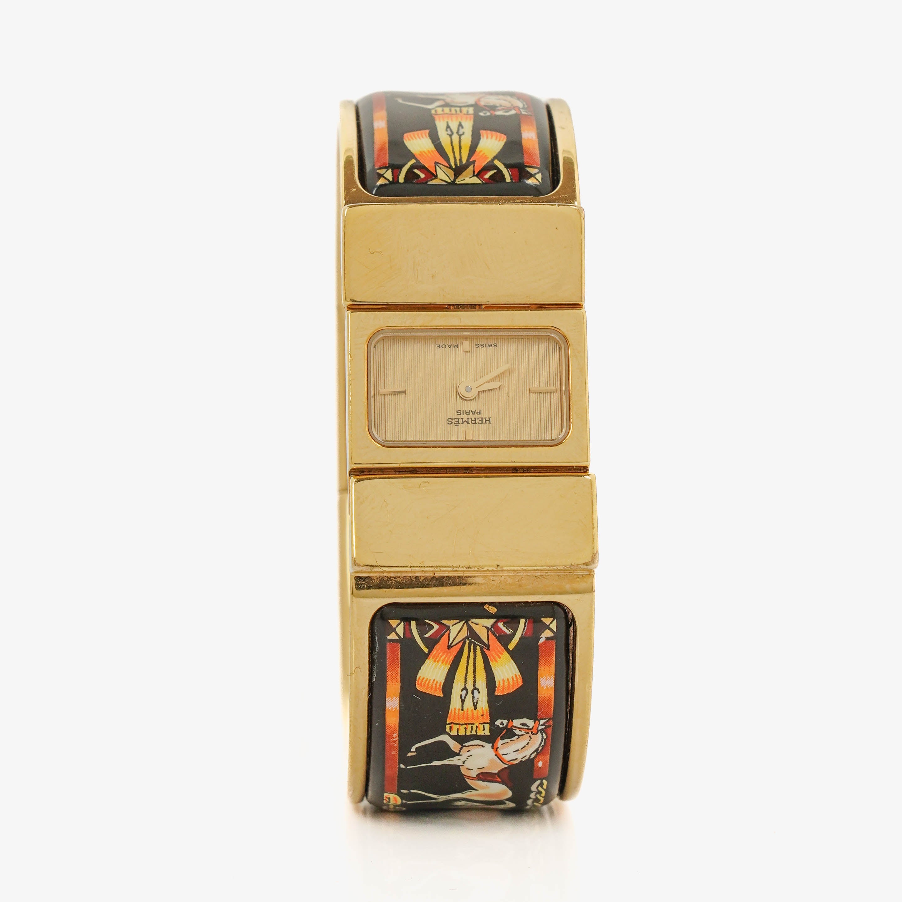 Hermes Black Equestrian Enamel and Gold Plated Loquet Bangle Quartz Watch L01.100