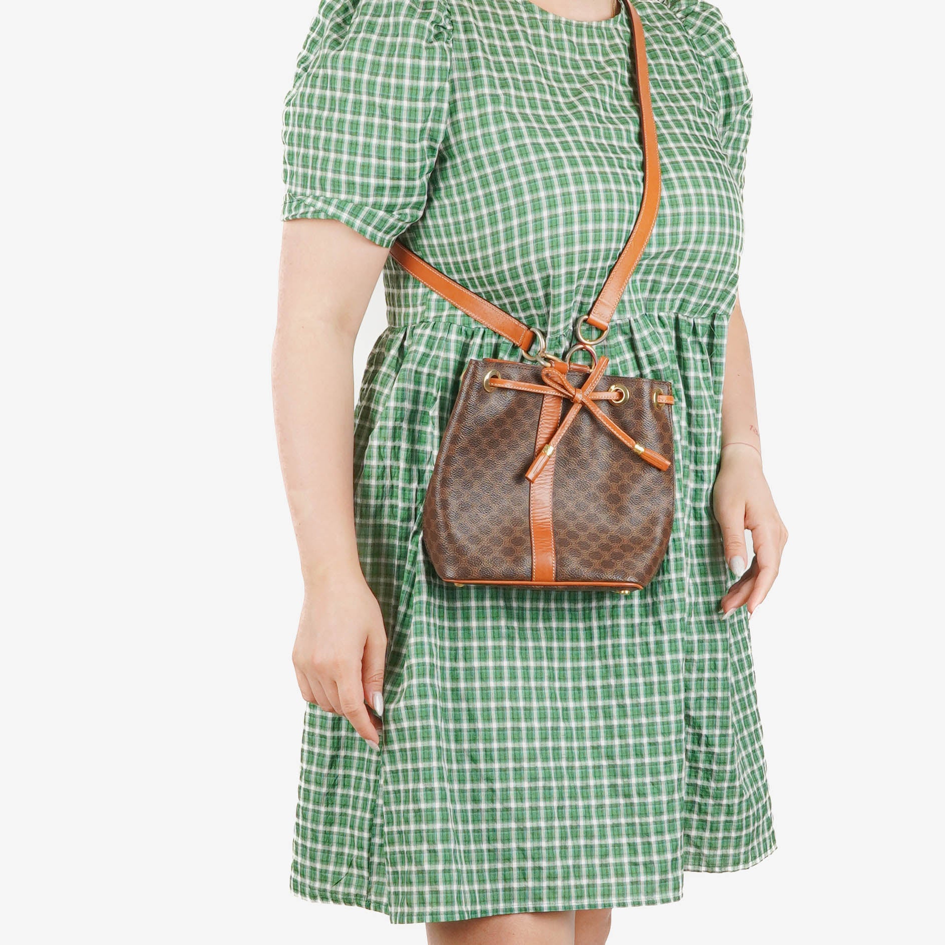 Celine Vintage Macadam Brown Drawstring Bucket Bag