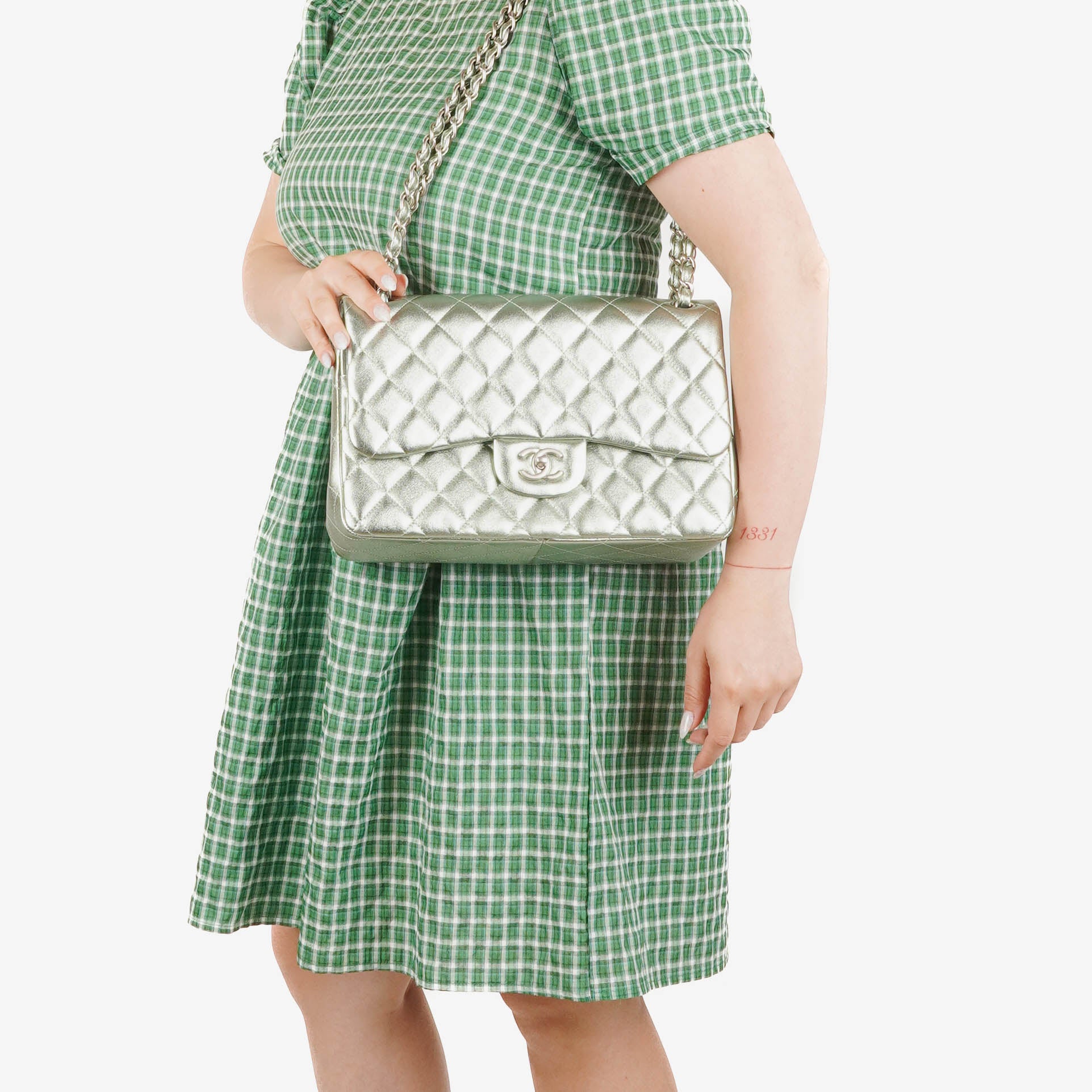 Chanel Classic Metallic Green Quilted Lambskin Jumbo Double Flap Bag 