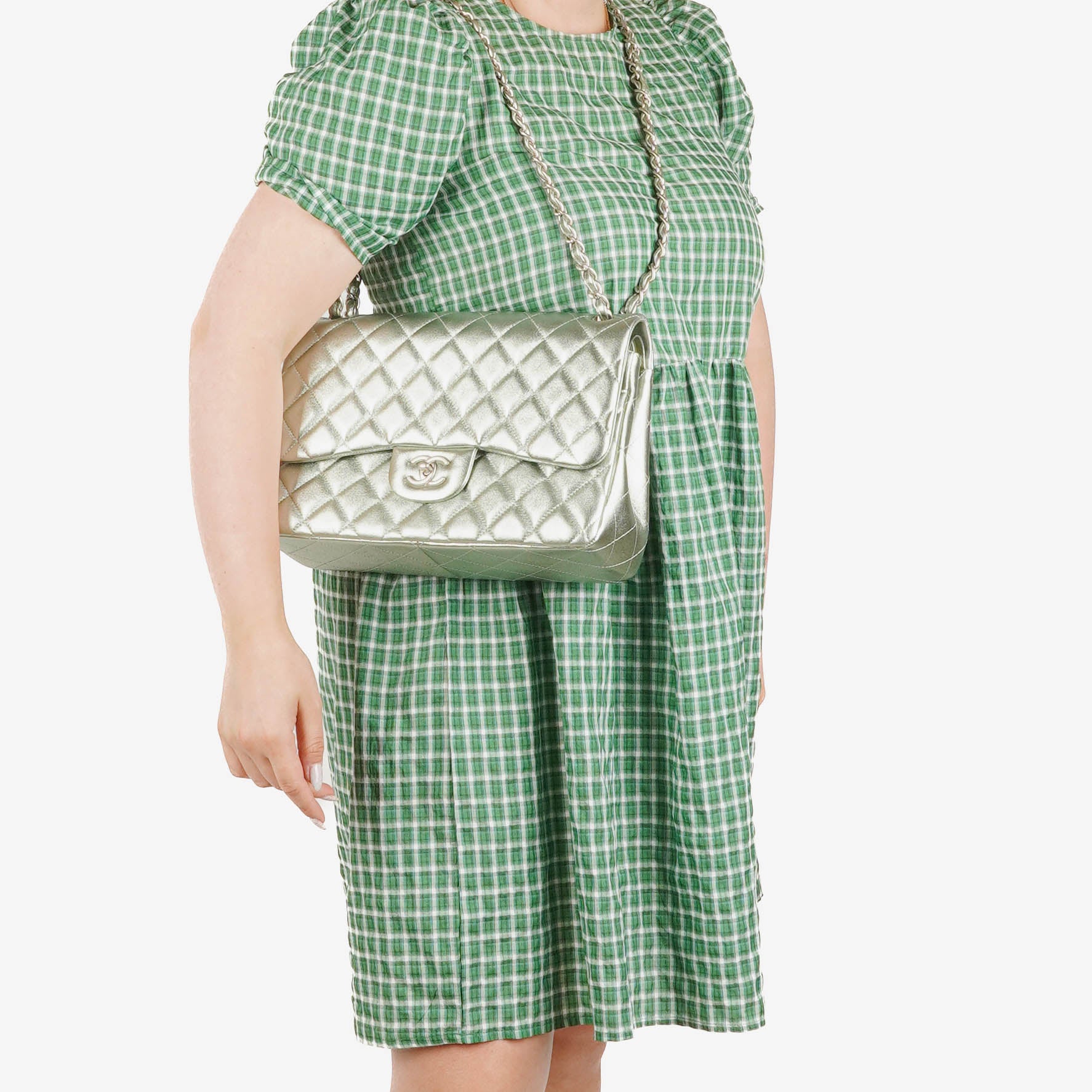 Chanel Classic Metallic Green Quilted Lambskin Jumbo Double Flap Bag 