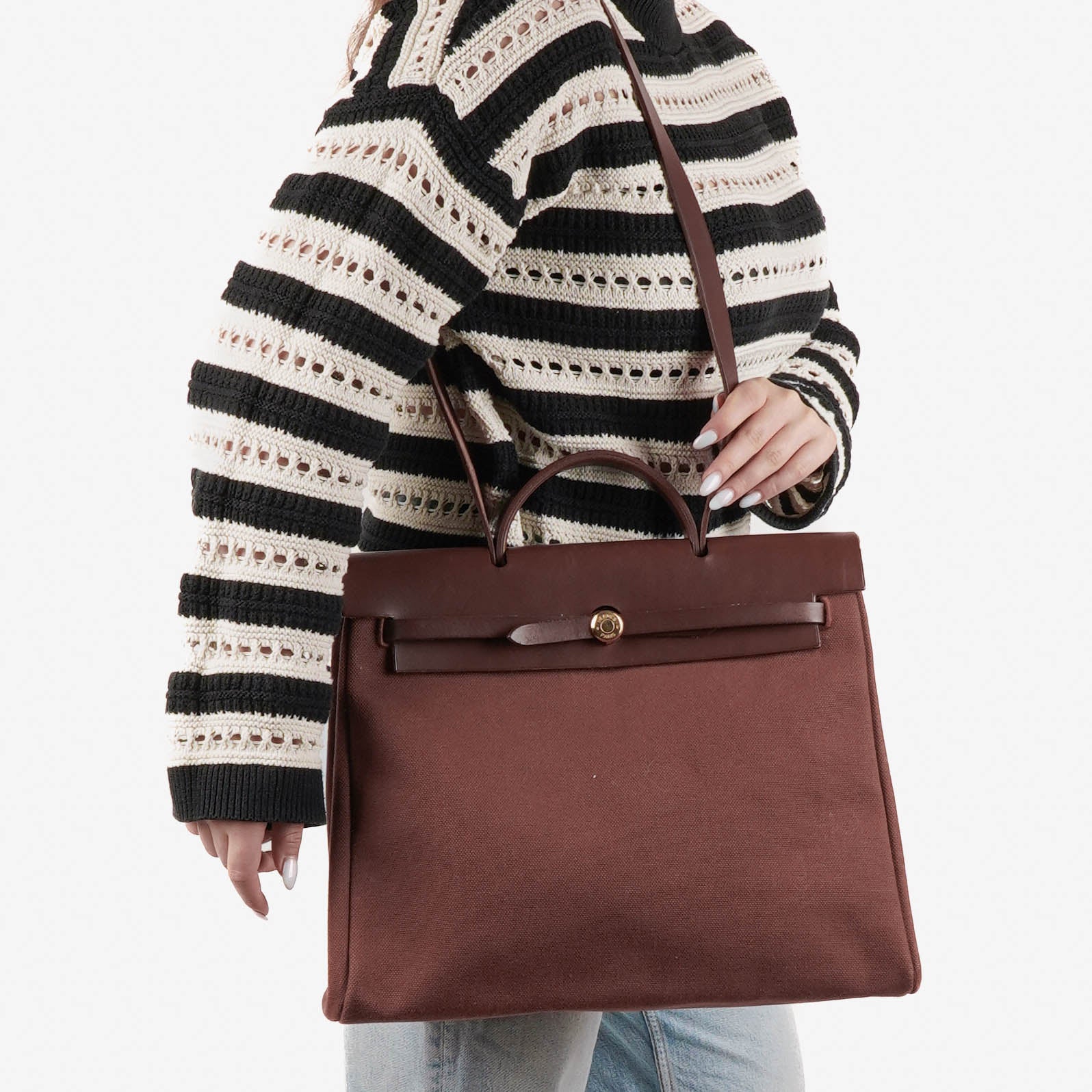 Hermes Herbag Toile Vache Hunter Havane MM 2 In 1 Bag
