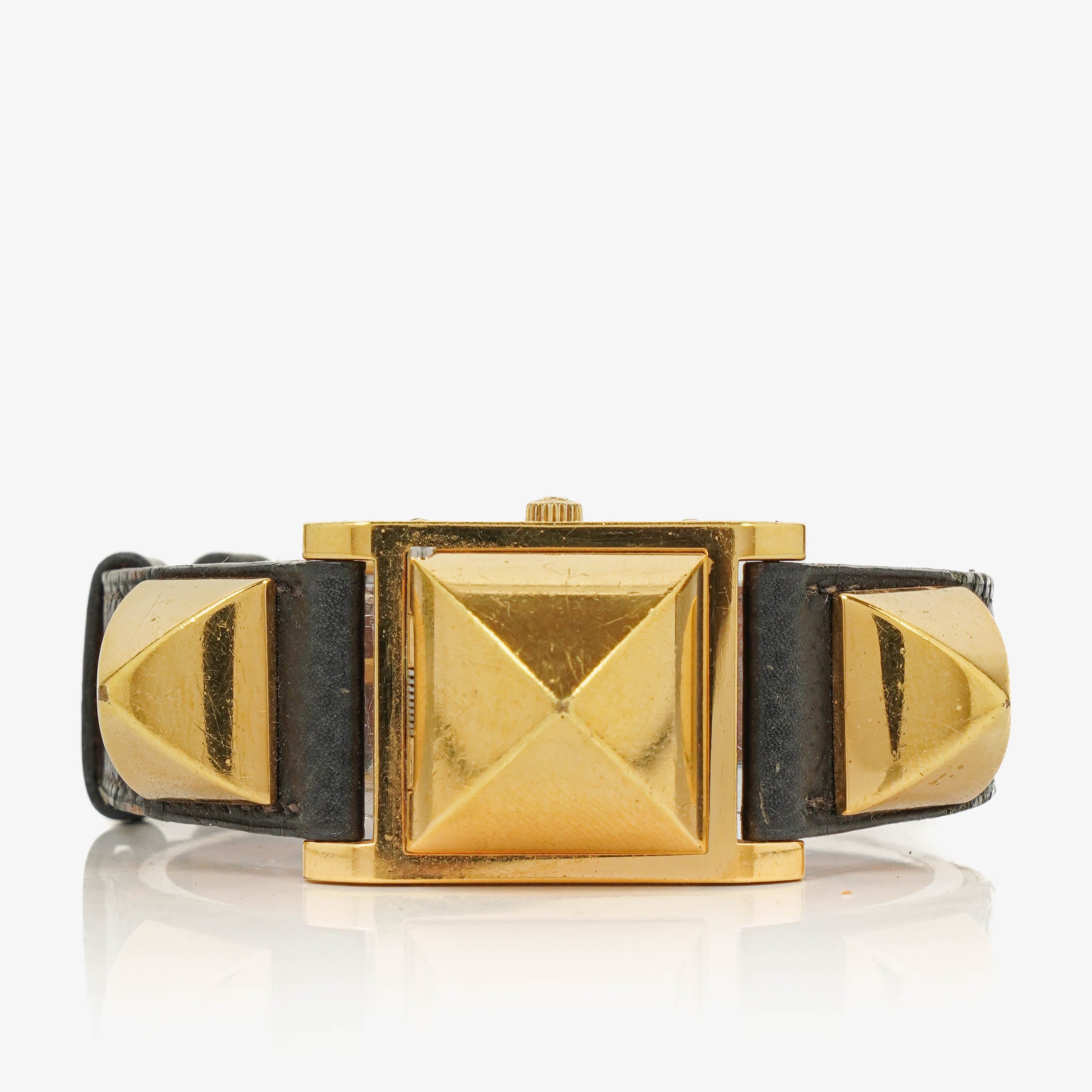 Hermes Medor Black Courchevel Leather Gold Plated Watch With Pyramid Stud Case