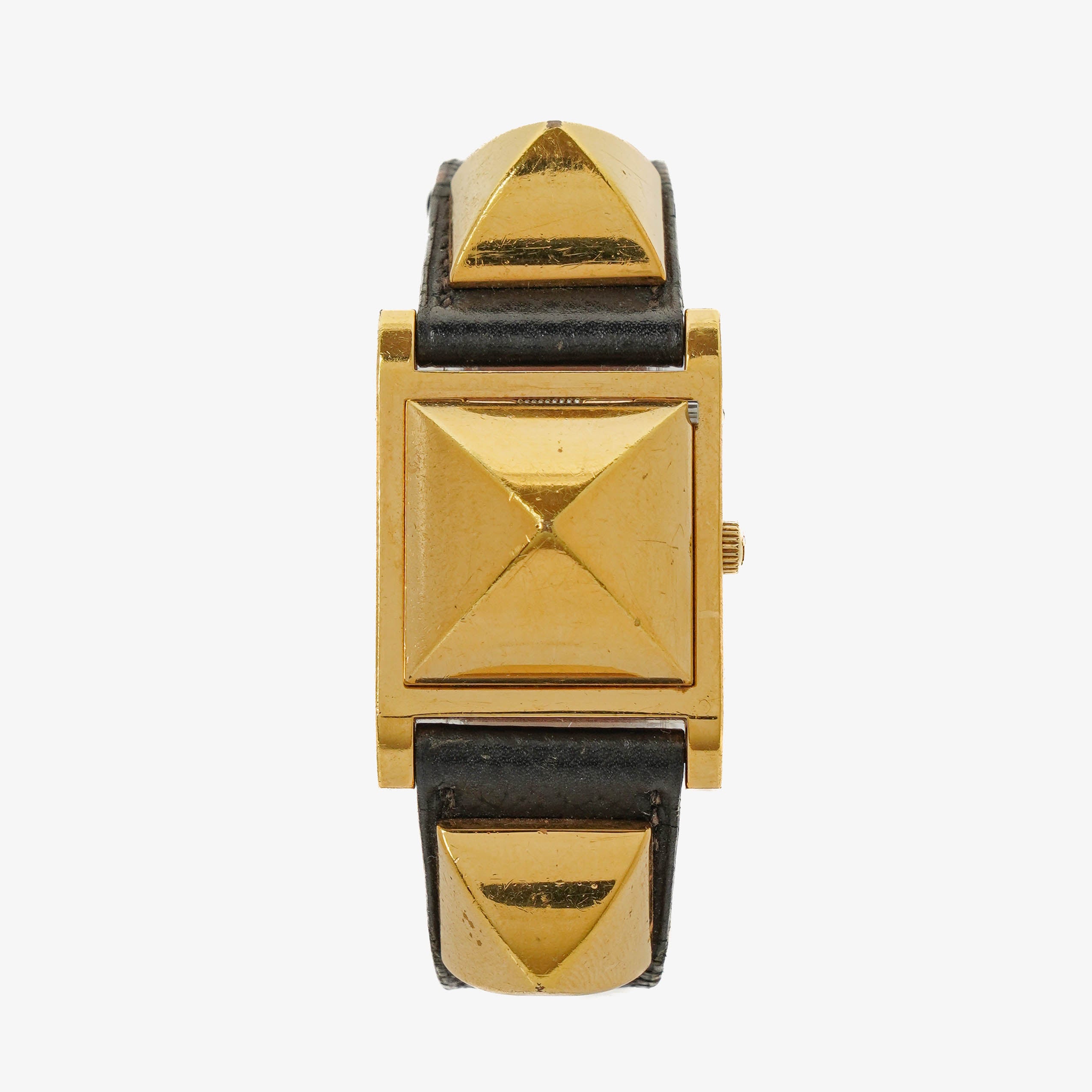 Hermes Medor Black Courchevel Leather Gold Plated Watch With Pyramid Stud Case