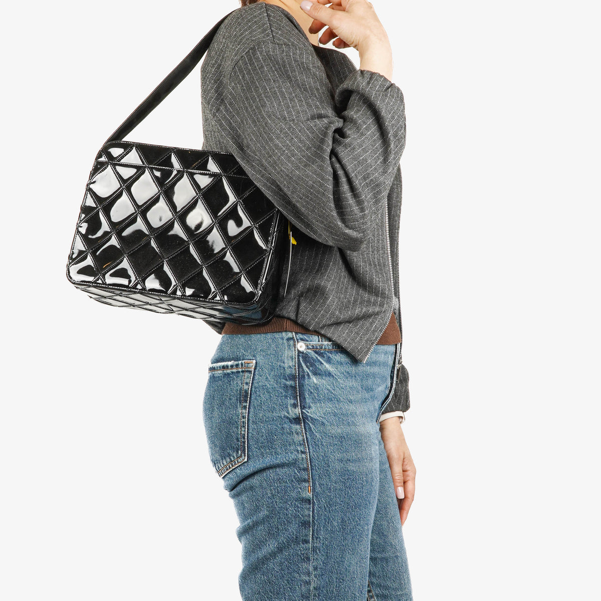 Chanel Diamond Stitch Black Quilted Patent Leather Shoulder Bag