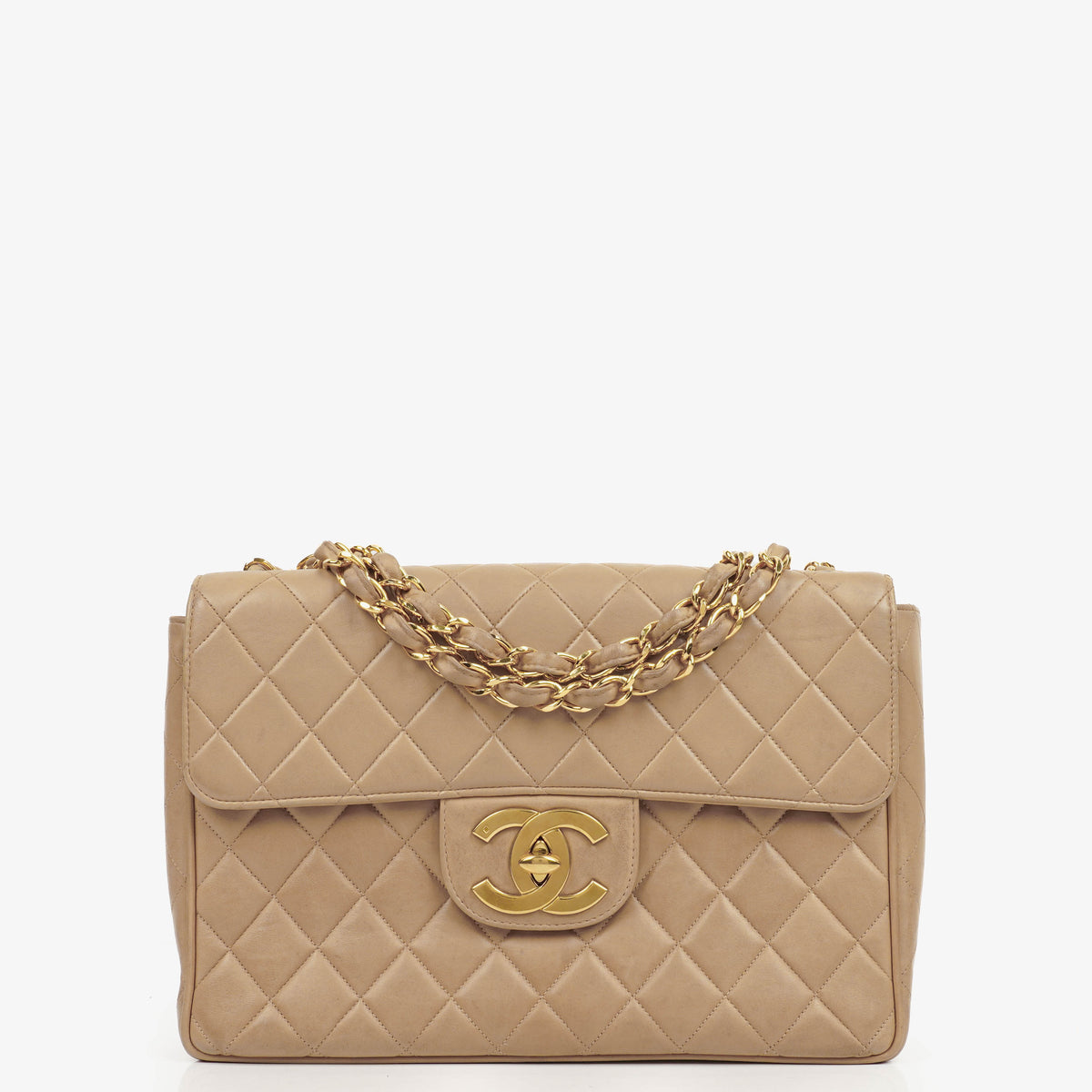 Chanel Jumbo CC Classic Single Flap Maxi Logo Bag Beige Quilted Lambskin 24K Gold-Plated Hardware