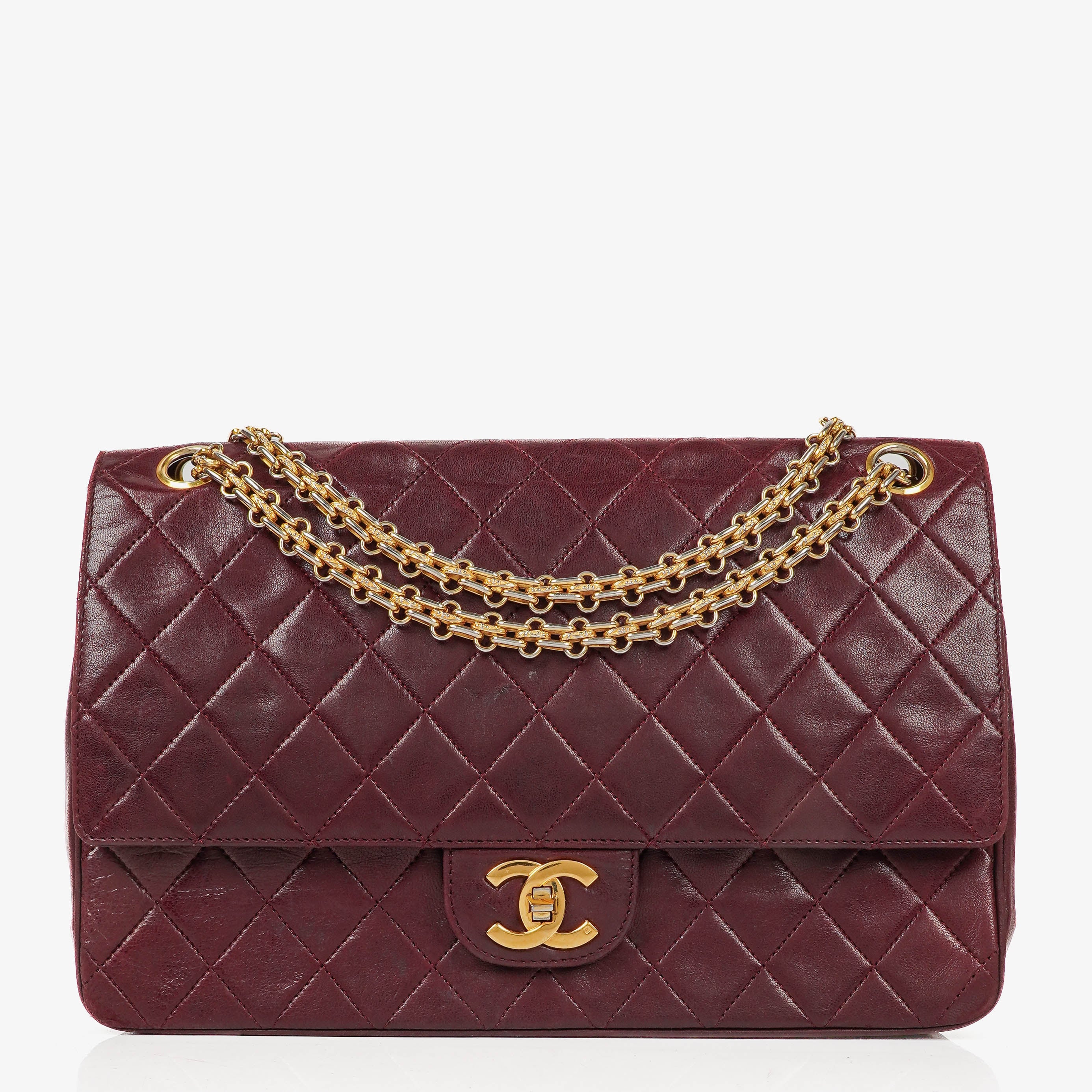 Chanel Vintage Medium Timeless Classic Double Flap Bag Burgundy Quilted Lambskin 24K Gold-Plated Hardware And Mademoiselle Chain