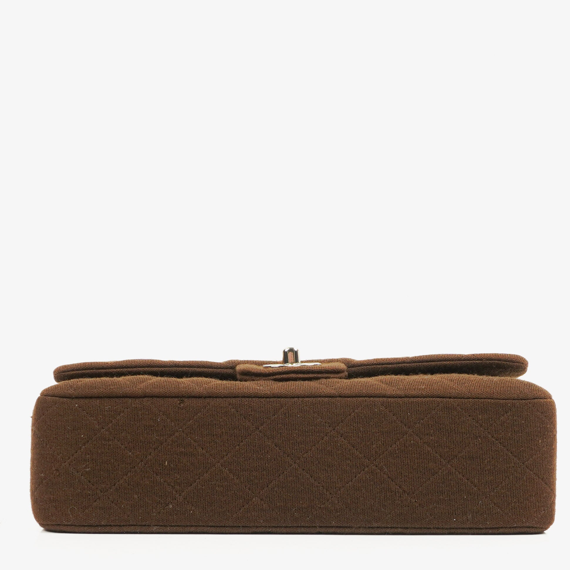 Sac Double Rabat Classique Moyen Vintage Chanel en Jersey Marron avec Ferrures Argentées