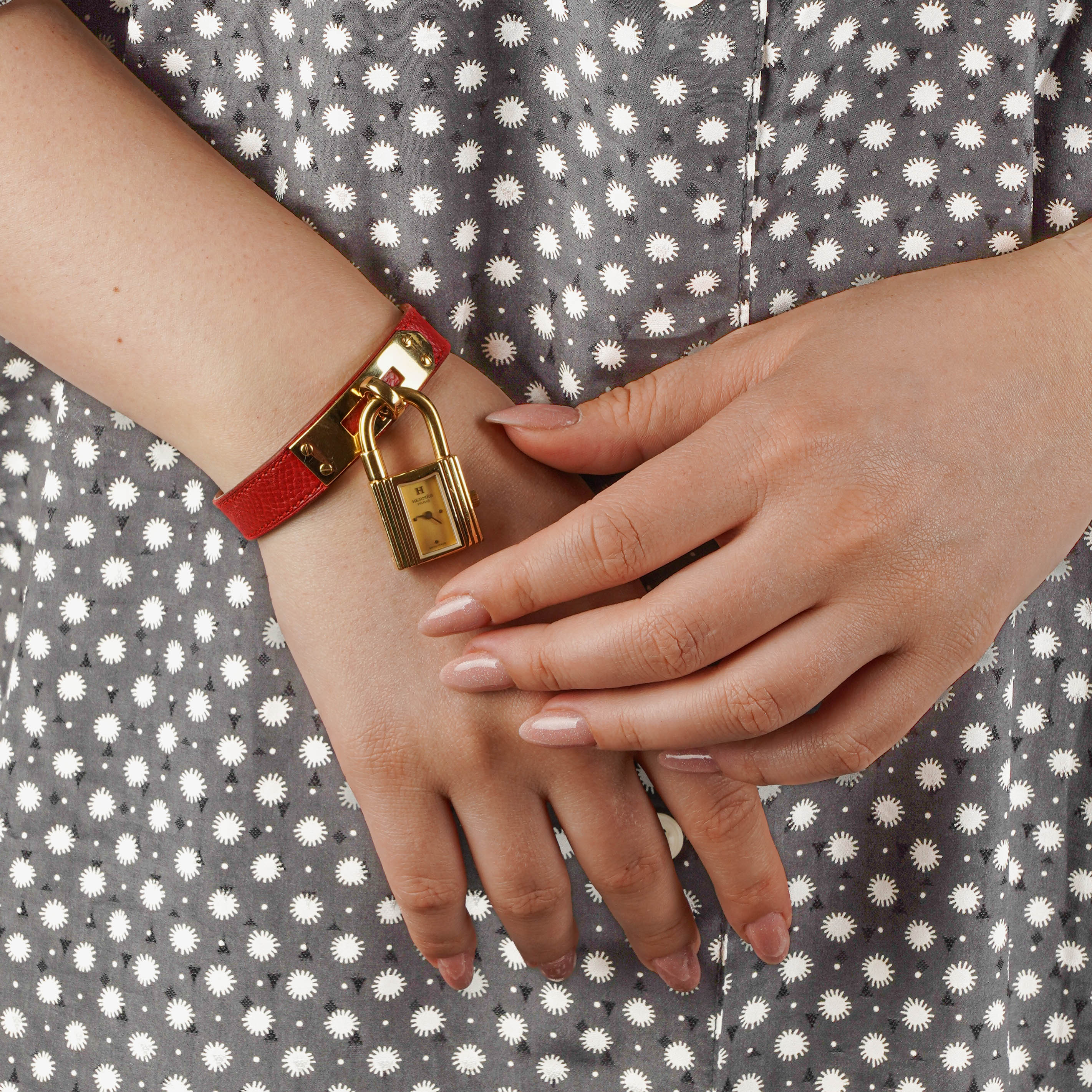 Hermes Kelly Rouge Courchevel Leather Gold Plated Watch