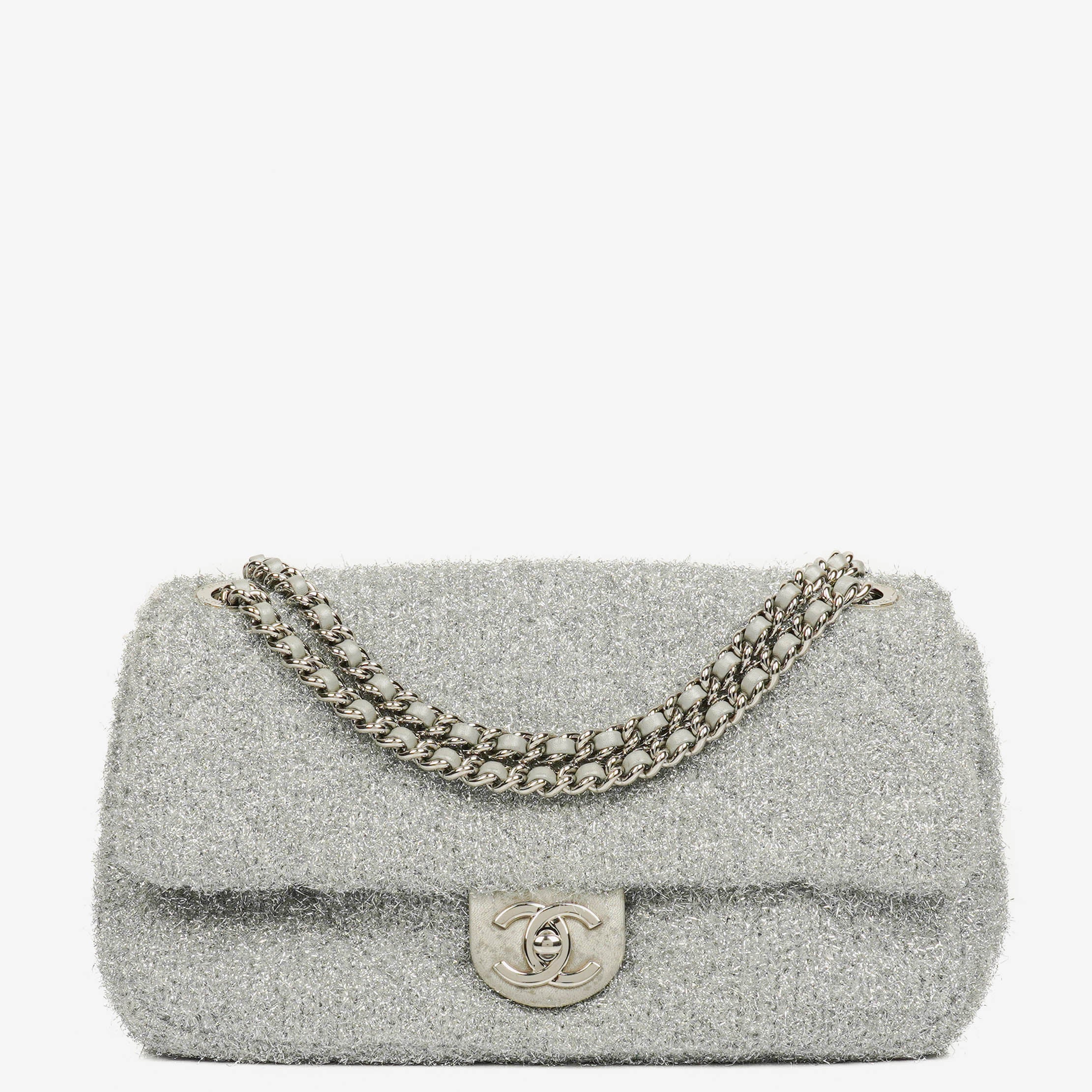 Chanel Silver Quilted Knit Pluto Glitter Medium Flap Bag