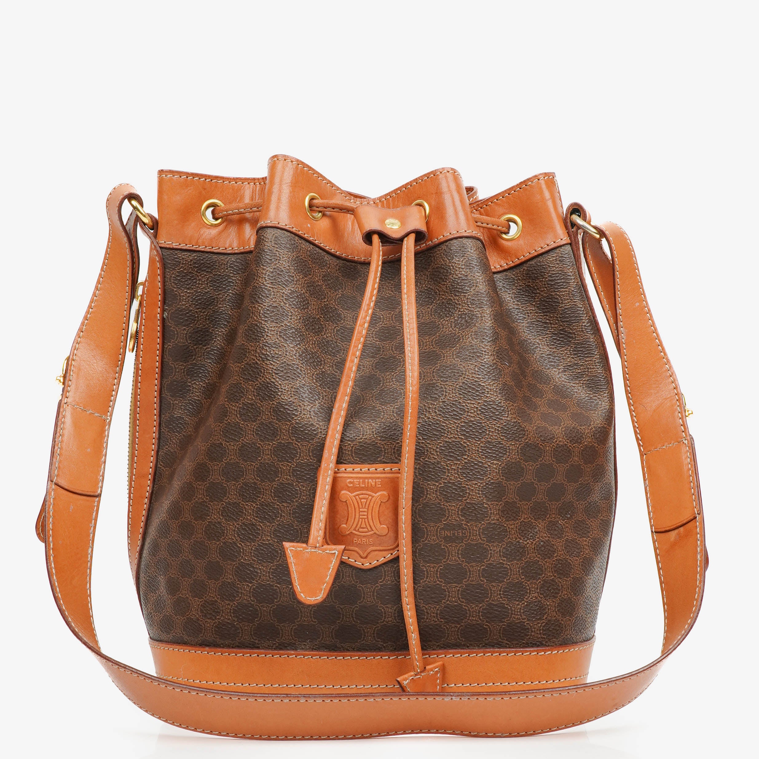 Celine Vintage Macadam Triomphe Brown Drawstring Bucket Bag