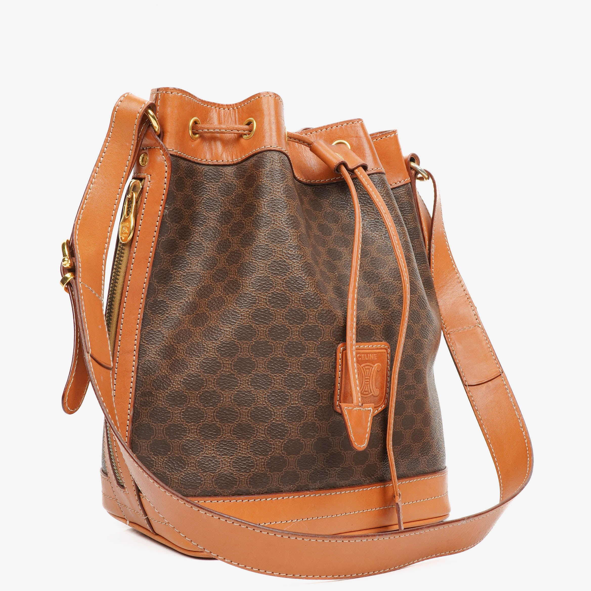 Celine Vintage Macadam Triomphe Brown Drawstring Bucket Bag