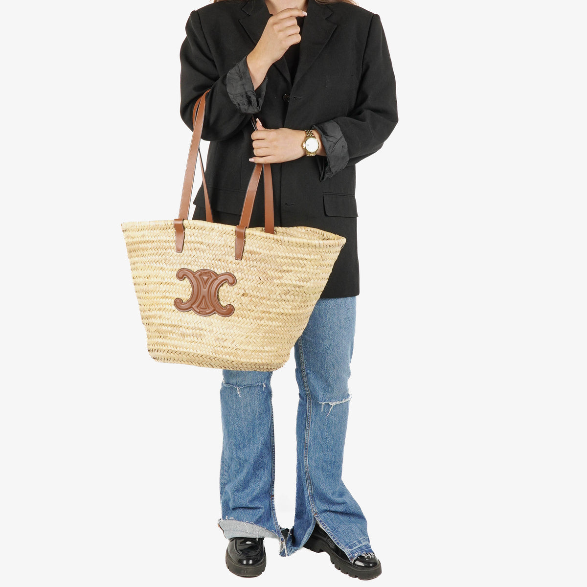 Celine Classic Panier Triomphe Neutral/Brown Raffia Basket Bag