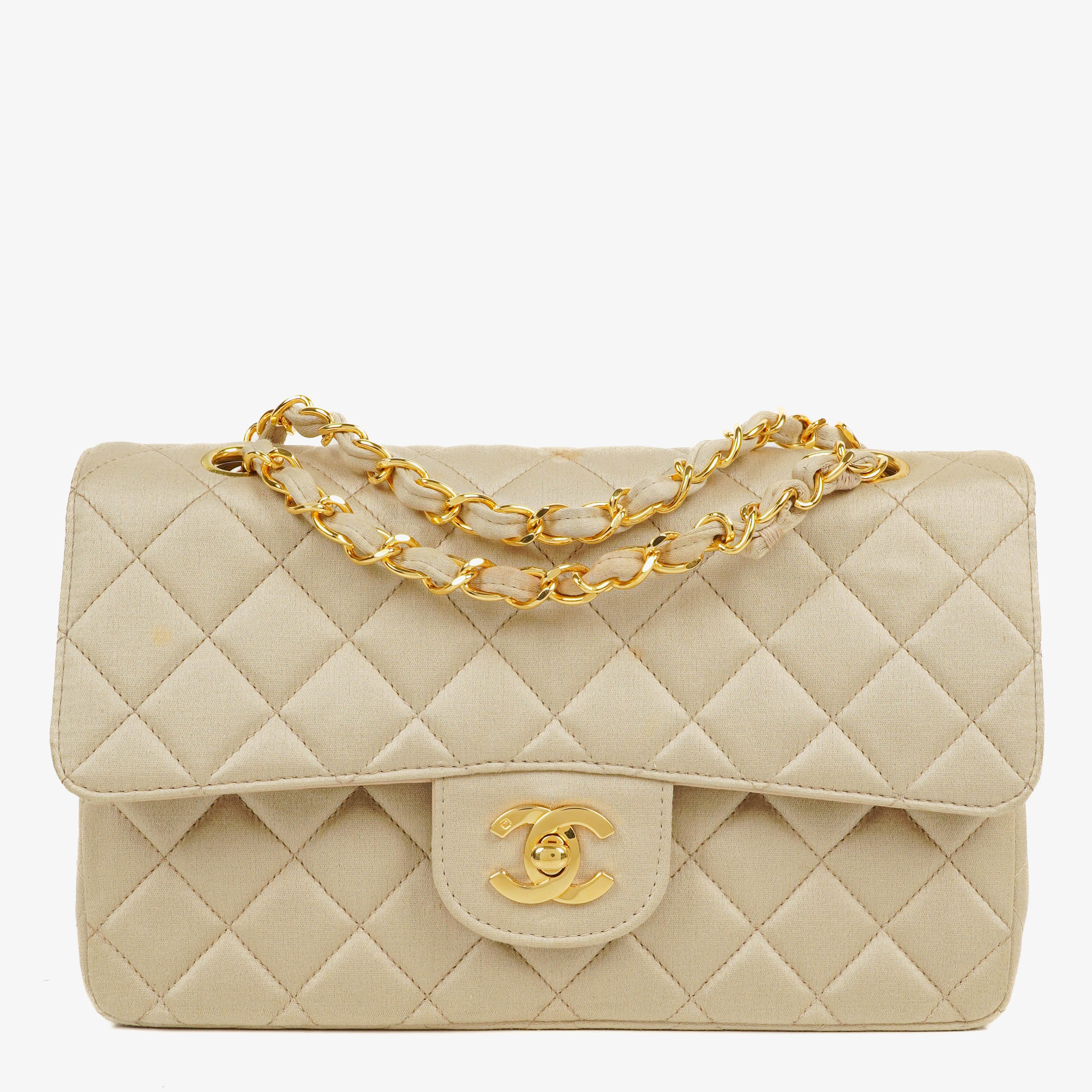 Chanel Small Classic Vintage Double Flap Bag Beige Satin 24K Gold-Plated Hardware