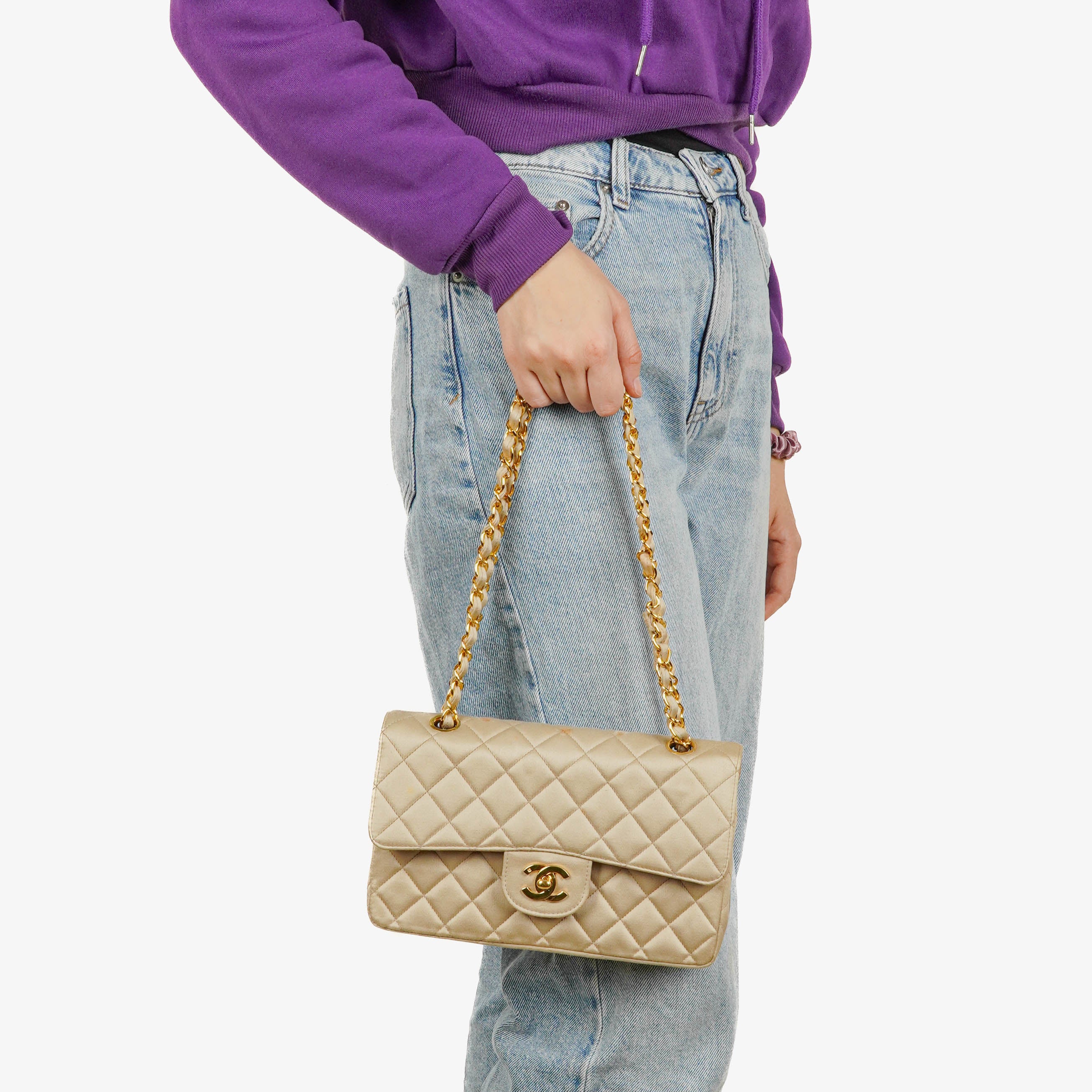Chanel Small Classic Vintage Double Flap Bag Beige Satin 24K Gold-Plated Hardware