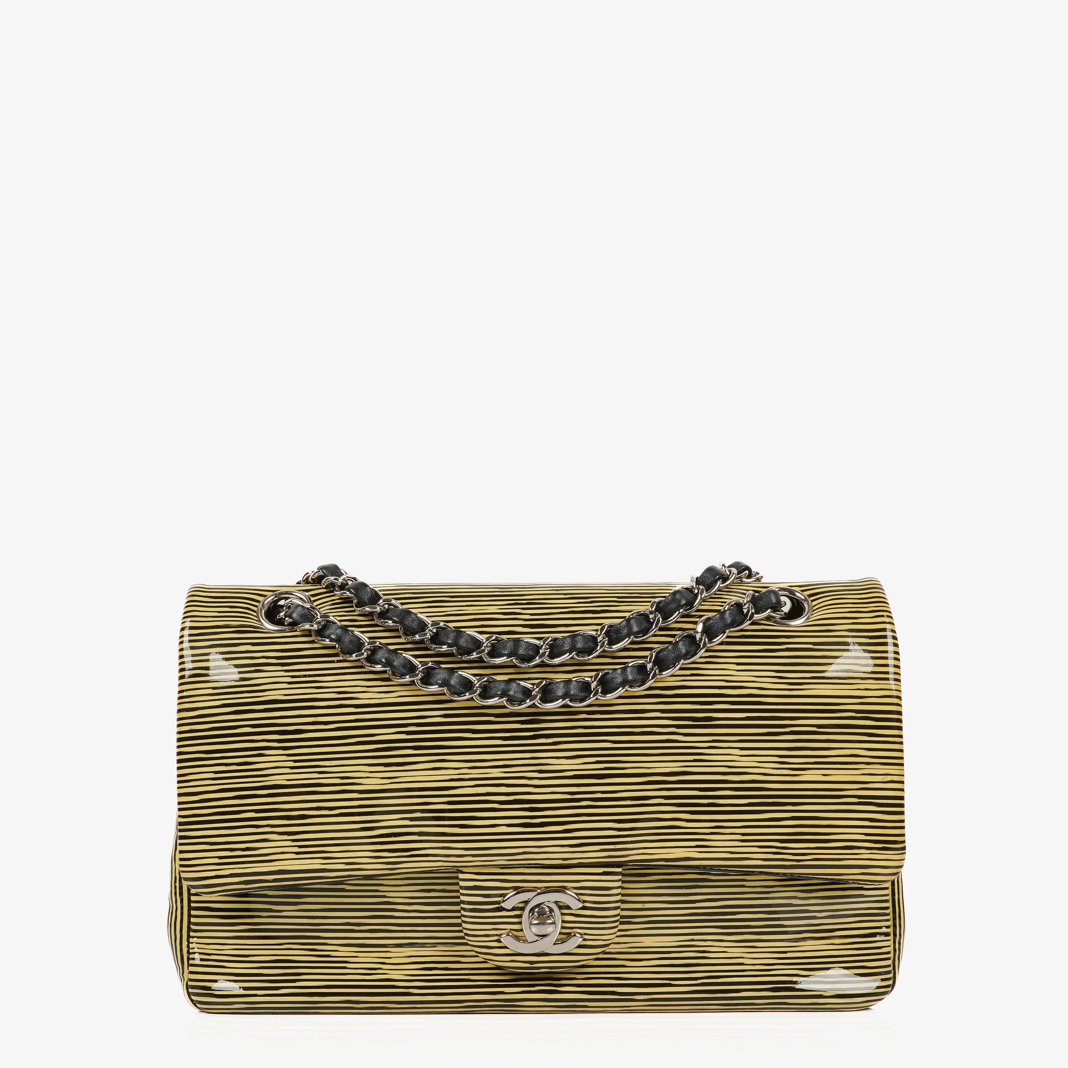 Borsa Chanel Timeless Classic Double Flap in Pelle Verniciata a Righe con Ferramenta Argento