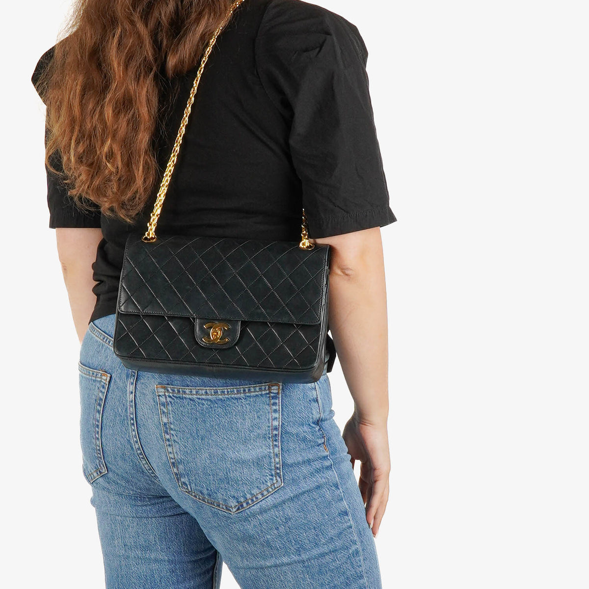 Chanel Medium Double Flap Bag Black Quilted Lambskin With 24K Gold-Plated Hardware And Mademoiselle Chain