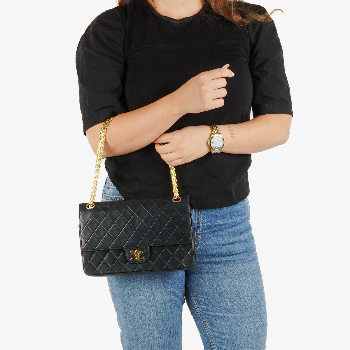 Chanel Medium Double Flap Bag Black Quilted Lambskin With 24K Gold-Plated Hardware And Mademoiselle Chain