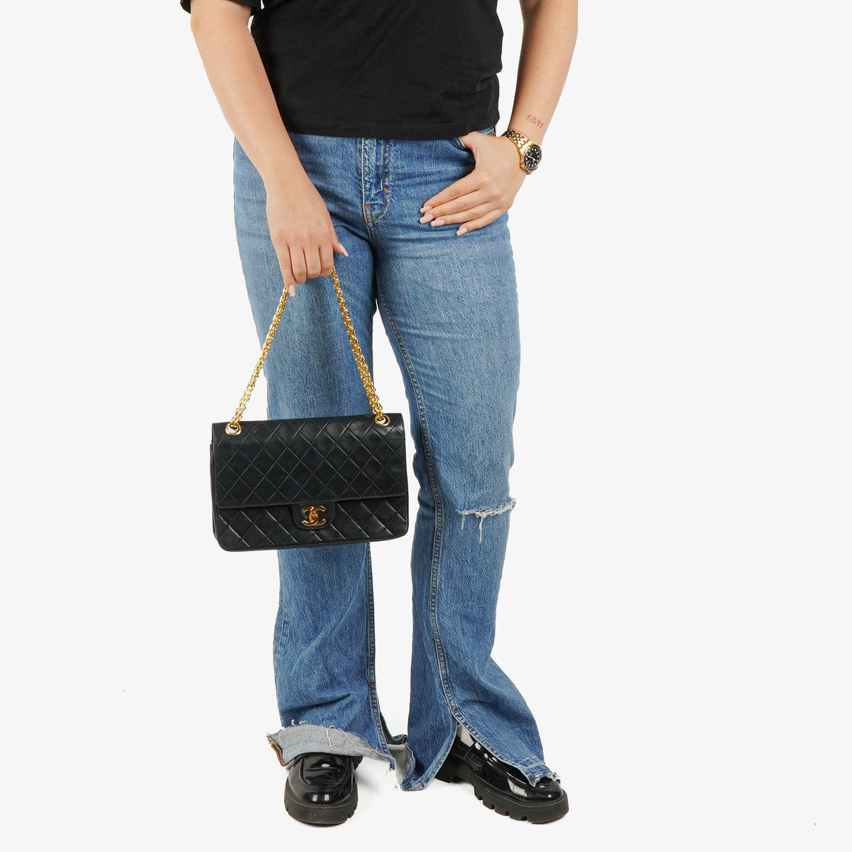 Chanel Medium Double Flap Bag Black Quilted Lambskin With 24K Gold-Plated Hardware And Mademoiselle Chain