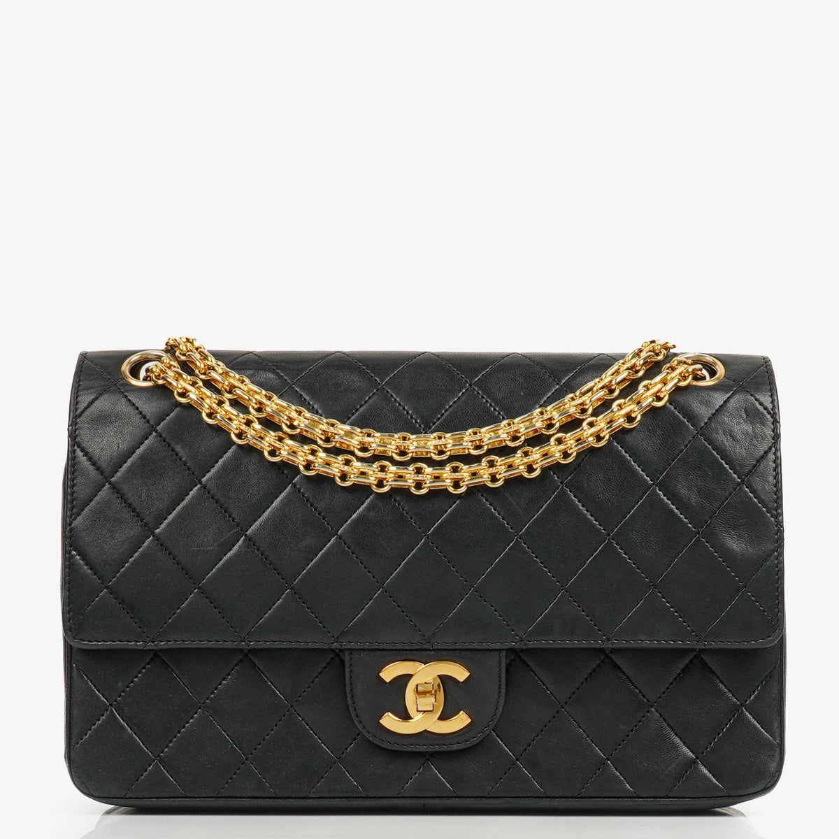 Chanel Medium Double Flap Bag Black Quilted Lambskin With 24K Gold-Plated Hardware And Mademoiselle Chain