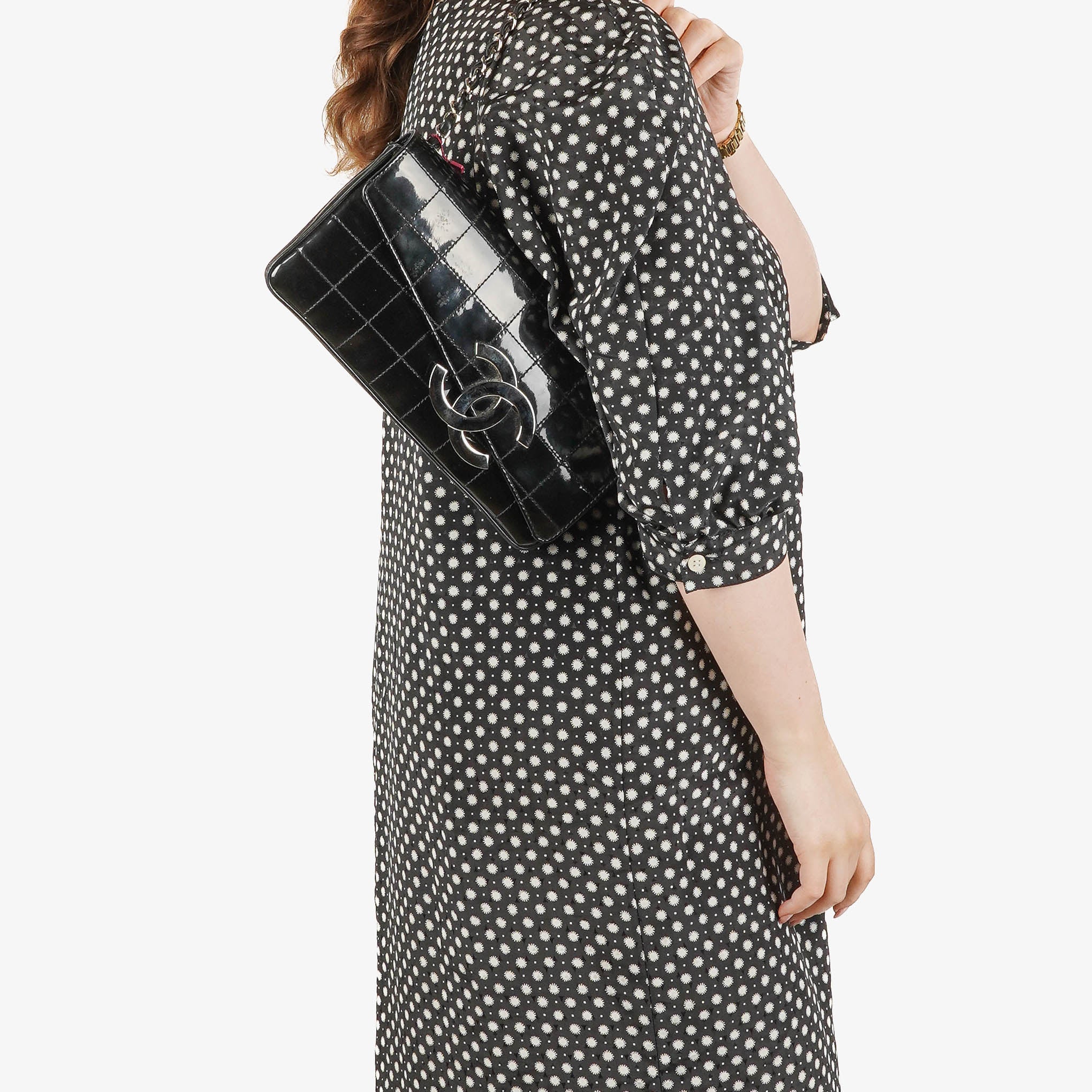 Chanel East West Chocolate Bar CC Patent Leather Shouder Bag Silver-Tone Hardware