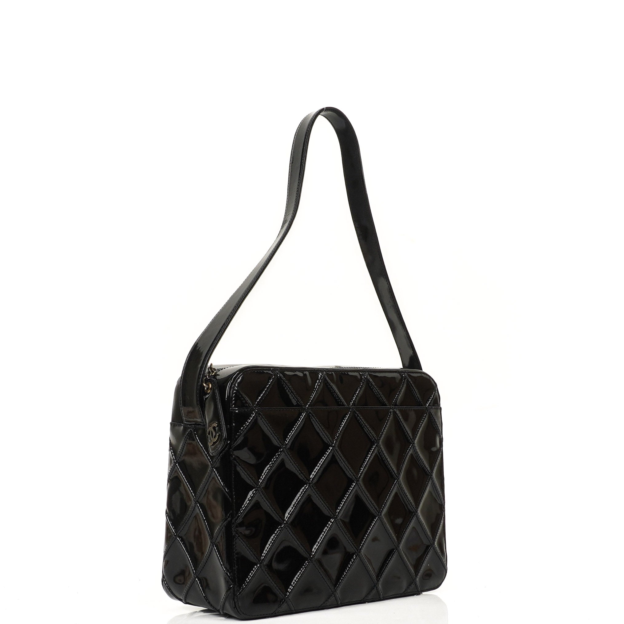 Chanel Diamond Stitch Schwarze Gesteppt Lackleder Schultertasche