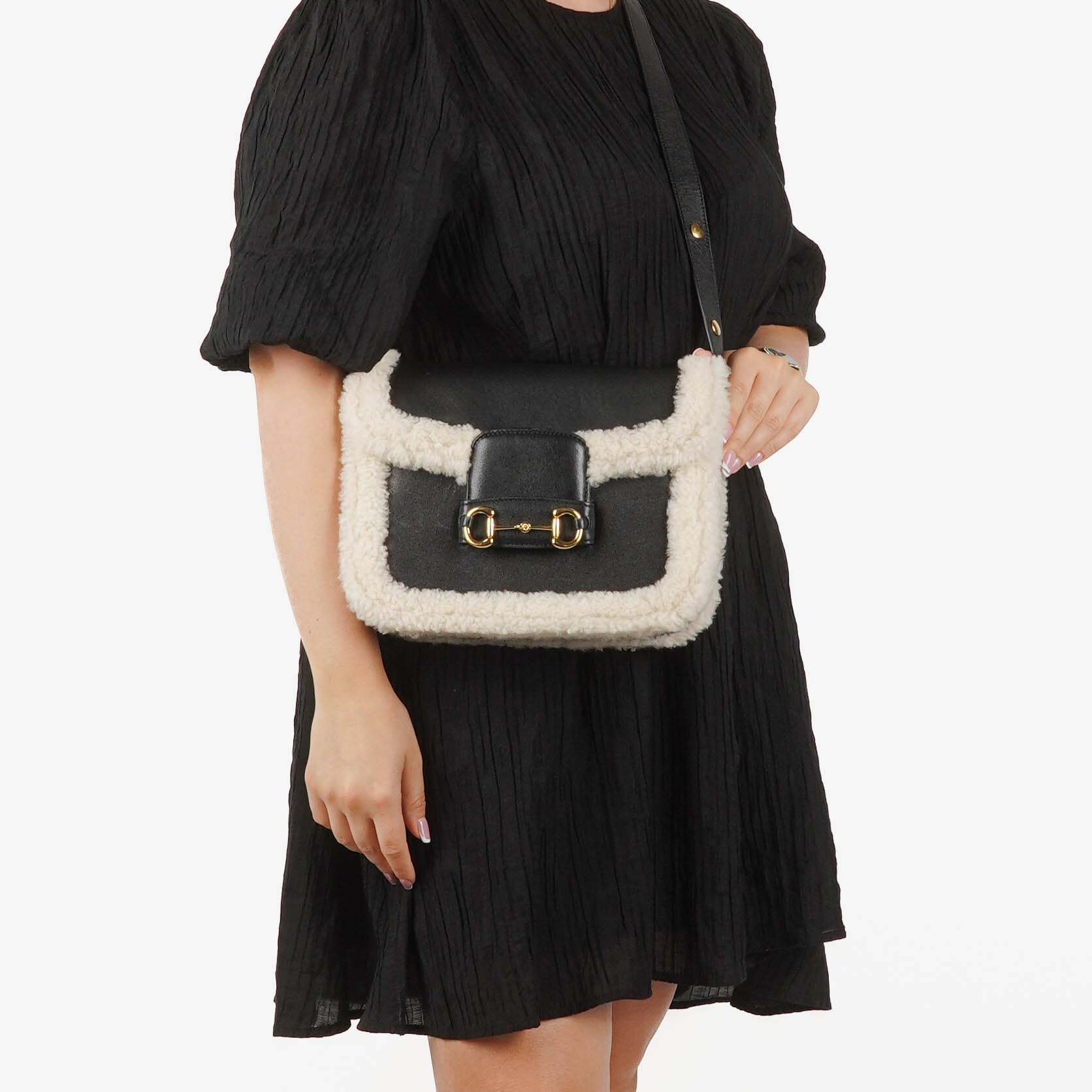 Gucci Black And White Leather/Shearling Horsebit 1955 Shoulder Bag