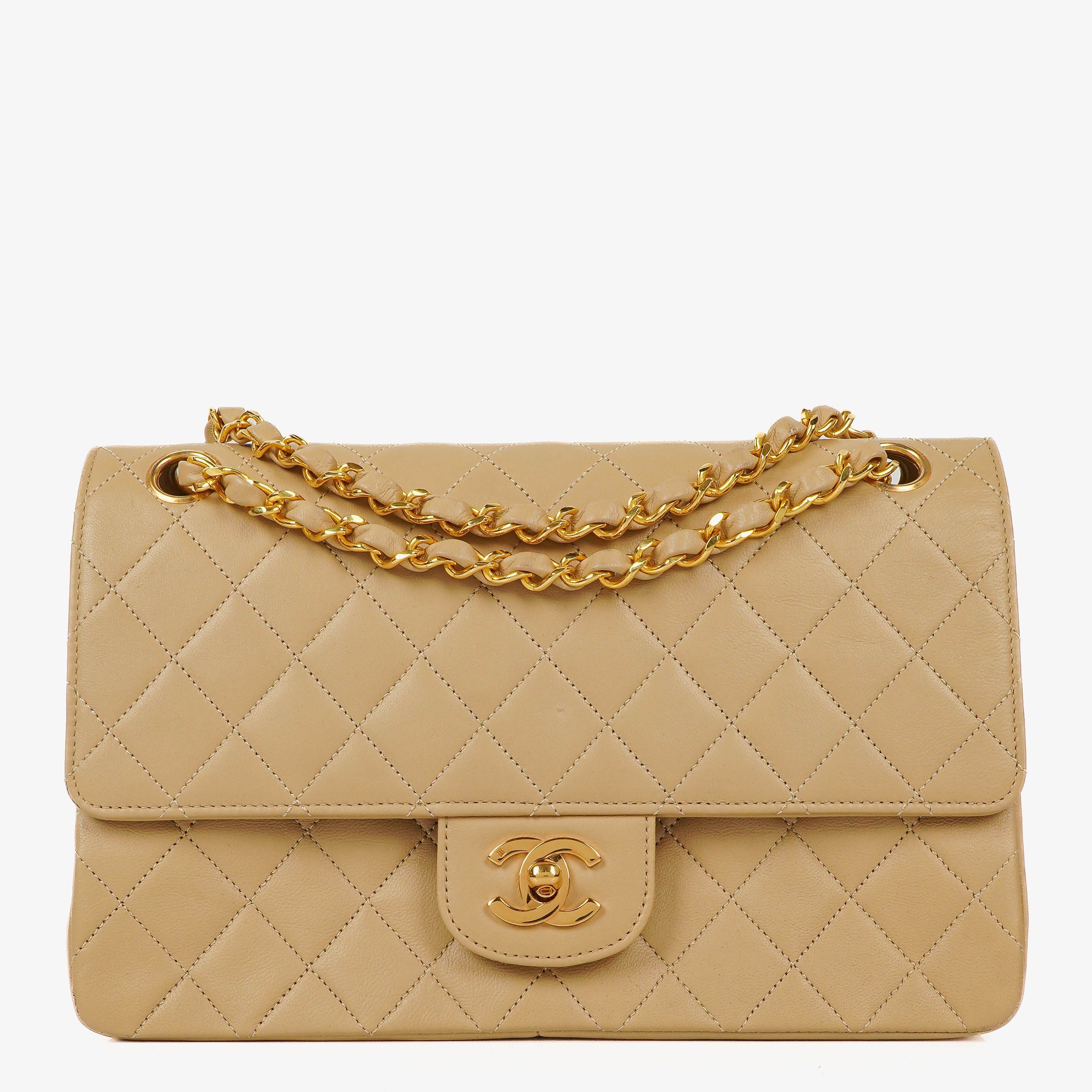 Chanel Medium Classic Vintage Double Flap Bag Beige Quilted Lambskin 24K Gold-Plated Hardware