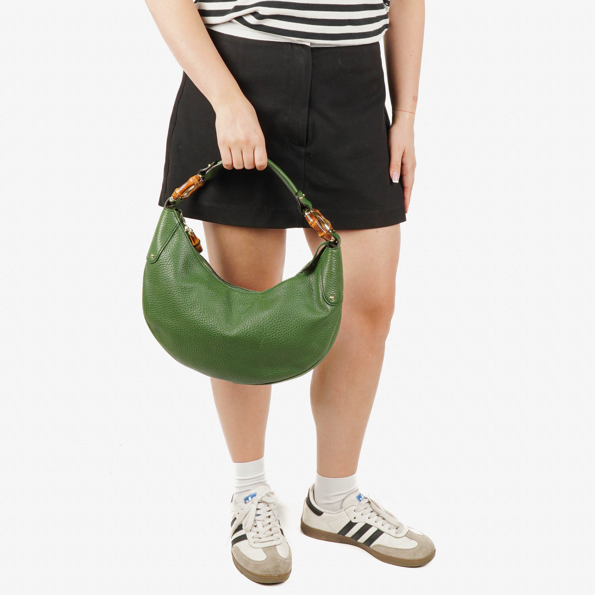 Gucci Green Pebbled Leather Bamboo Ring Hobo Bag