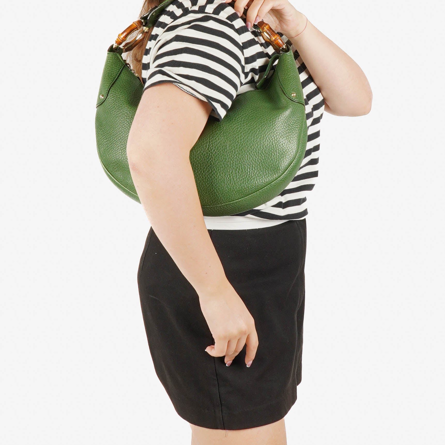 Gucci Green Pebbled Leather Bamboo Ring Hobo Bag