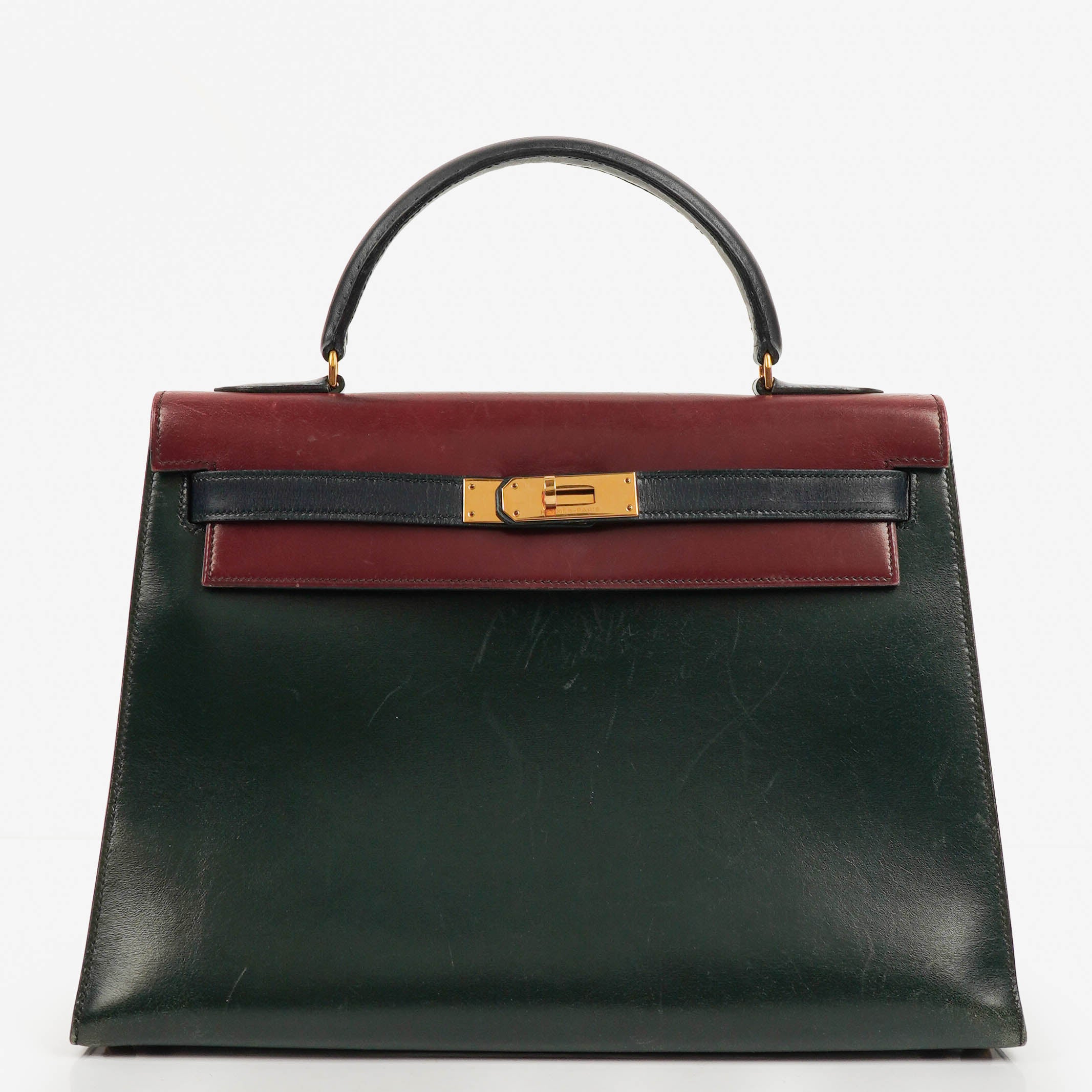 Hermès Kelly 32 Sellier Rouge H, Bleu Marine and Vert Fonce Box Calf Tricolor With Gold Hardware