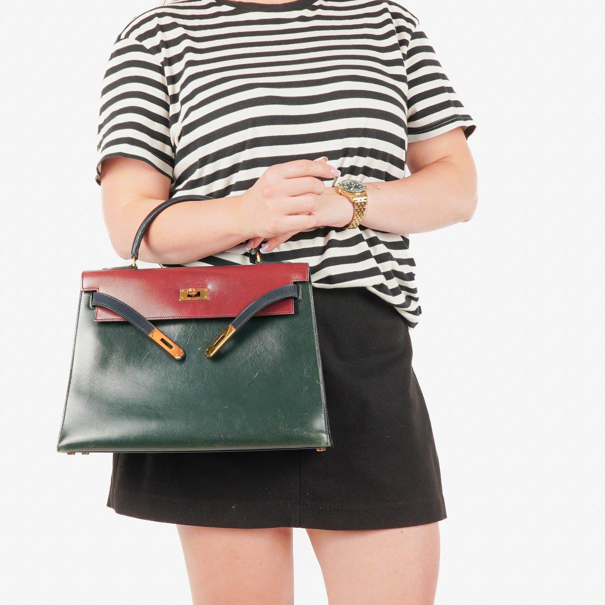 Hermès Kelly 32 Sellier Rouge H, Bleu Marine and Vert Fonce Box Calf Tricolor With Gold Hardware