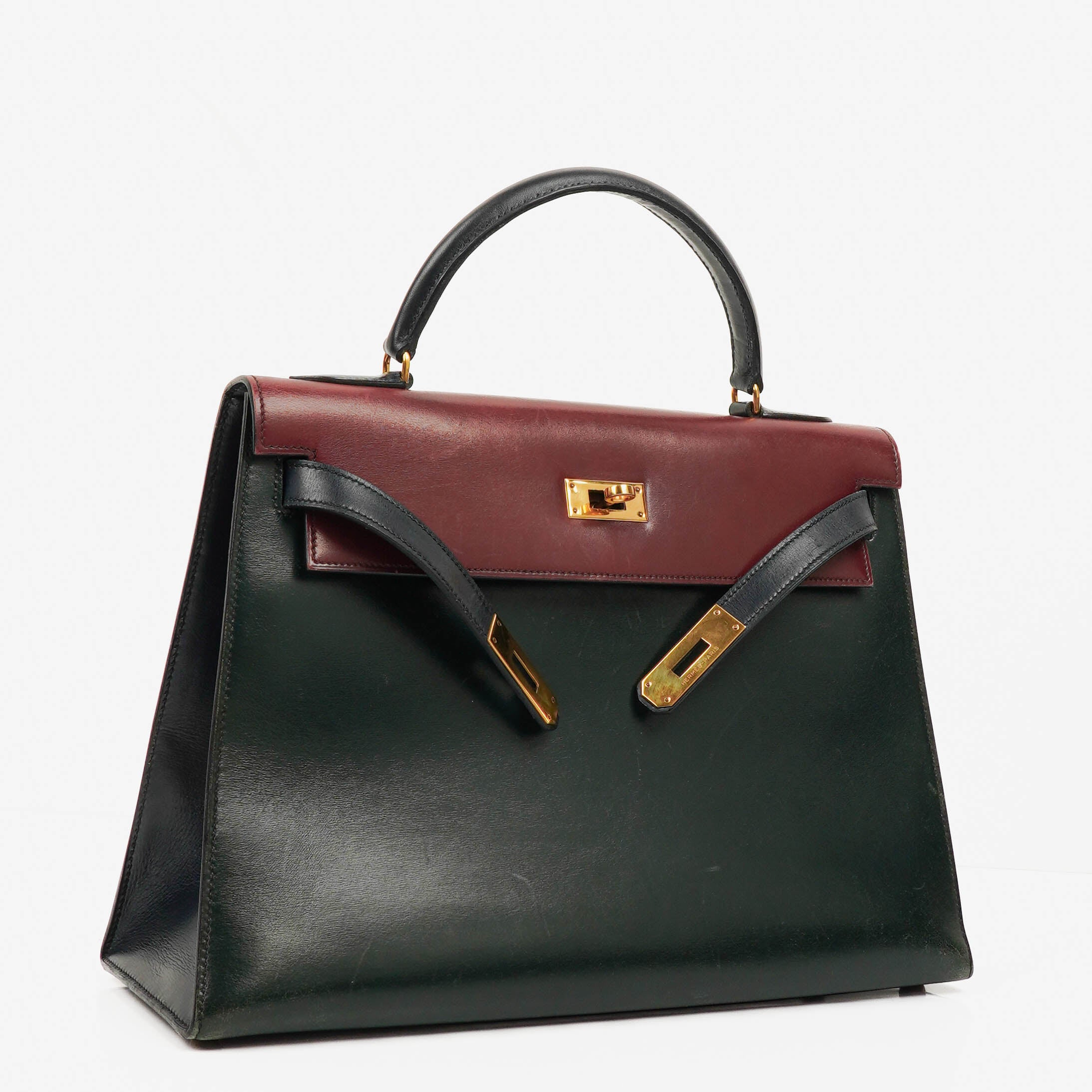 Hermès Kelly 32 Sellier Rouge H, Bleu Marine and Vert Fonce Box Calf Tricolor With Gold Hardware