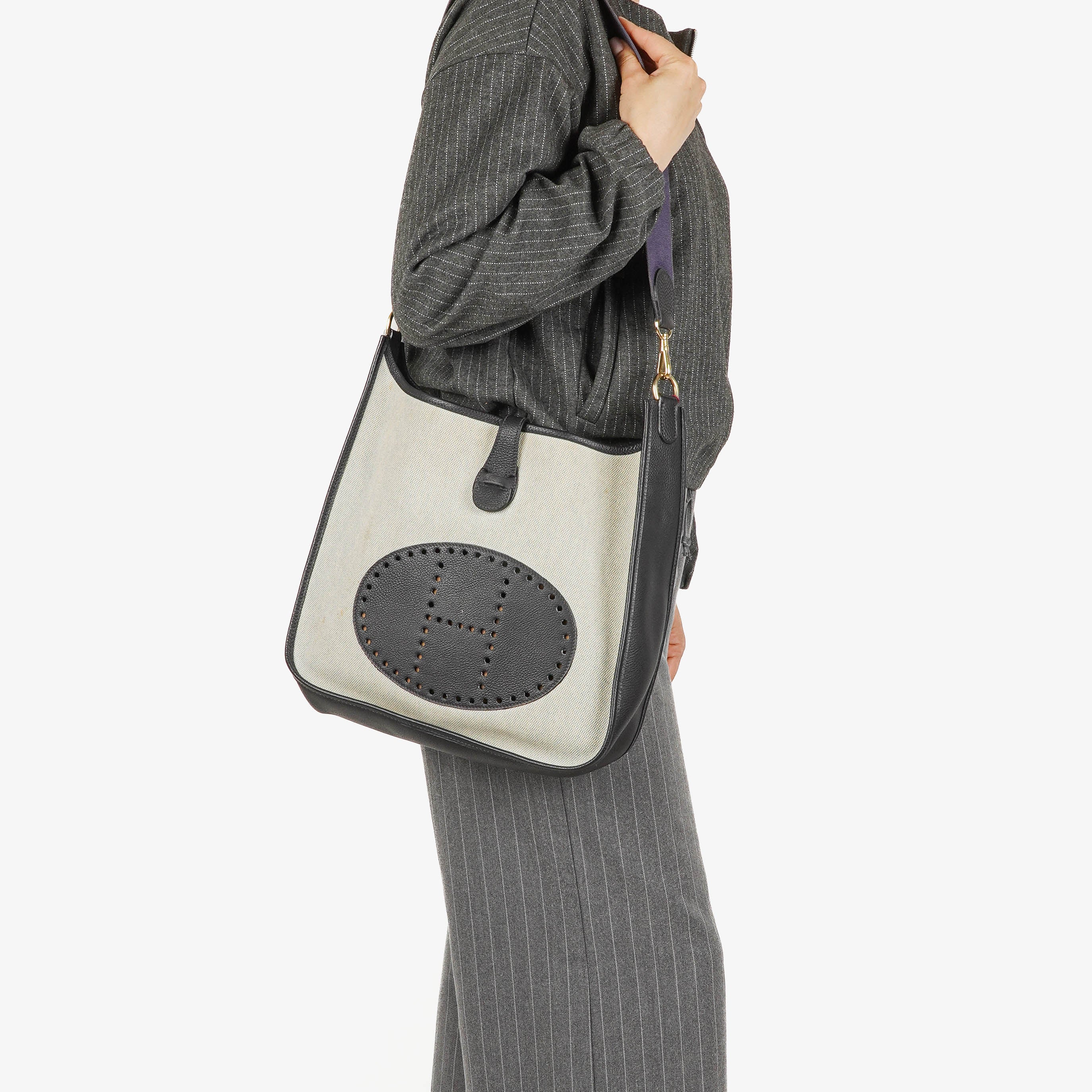 Sac Hermes Evelyne I 32 Clemence bleu indigo en toile et cuir
