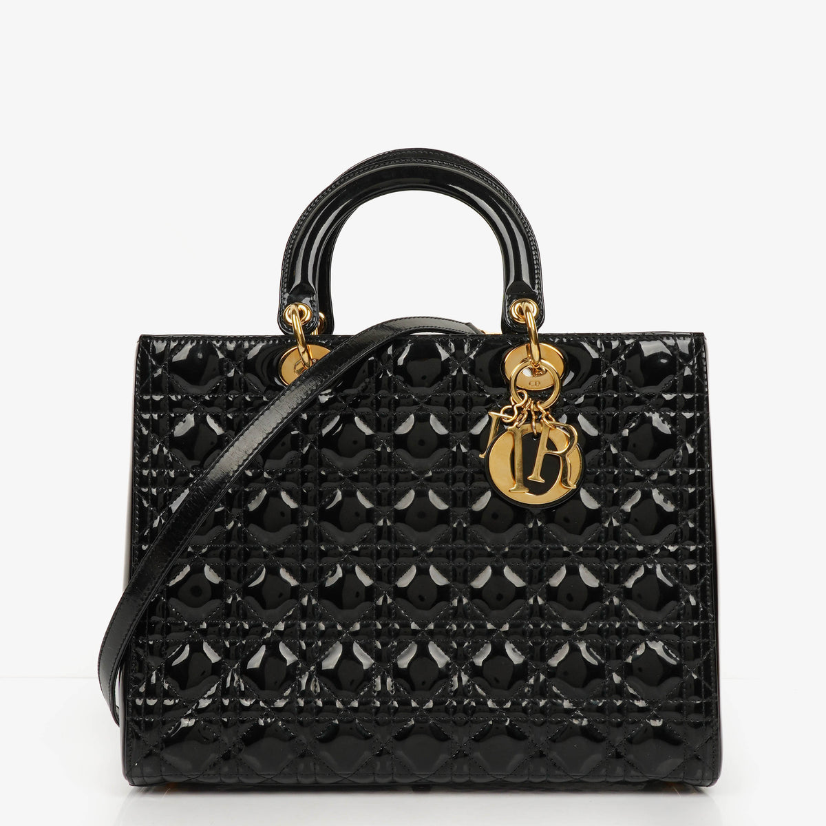 Christian Dior Large Lady Dior Black Cannage Quilted Patent Leather Bag