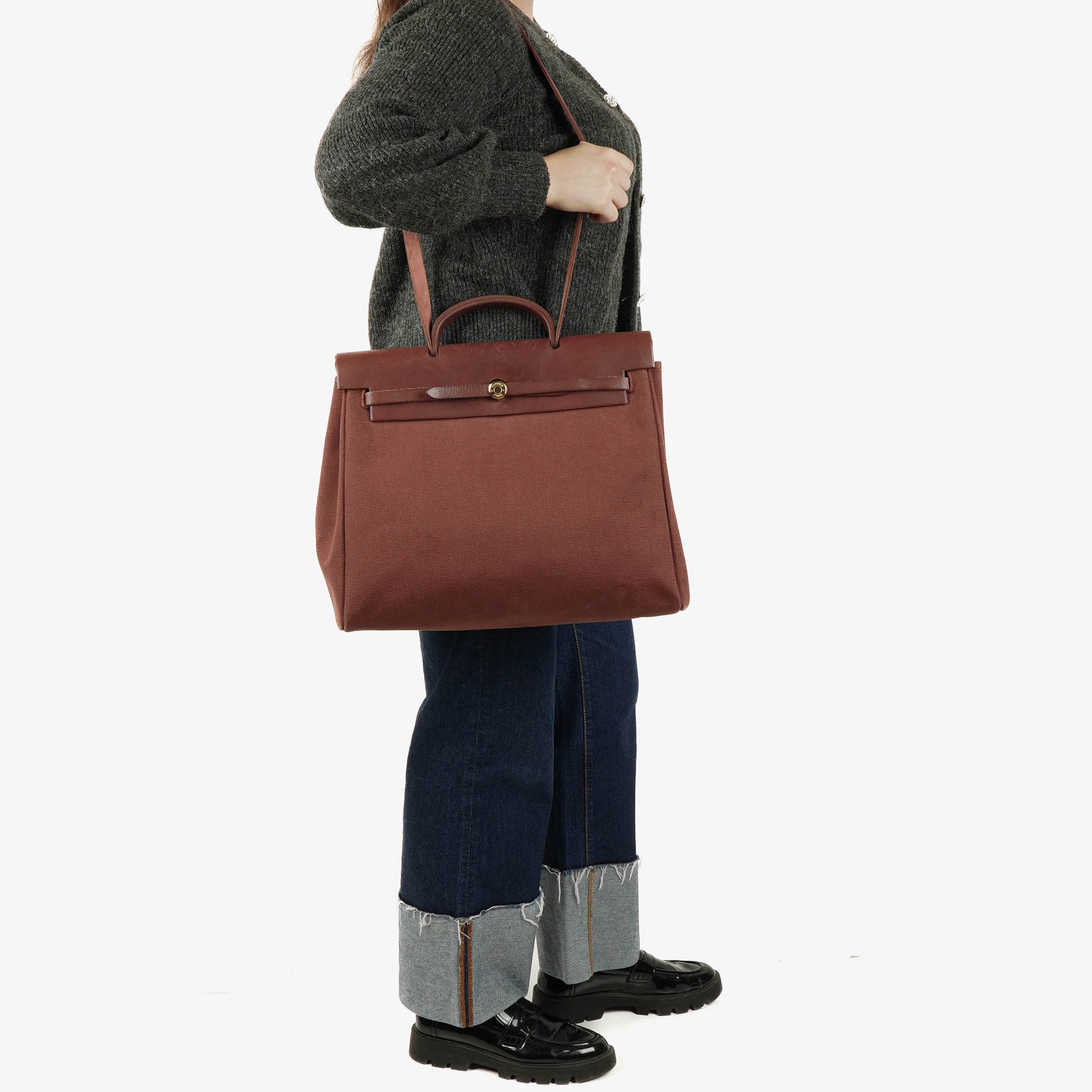 Hermes Herbag Toile Vache Hunter Havane MM 2 In 1 Bag