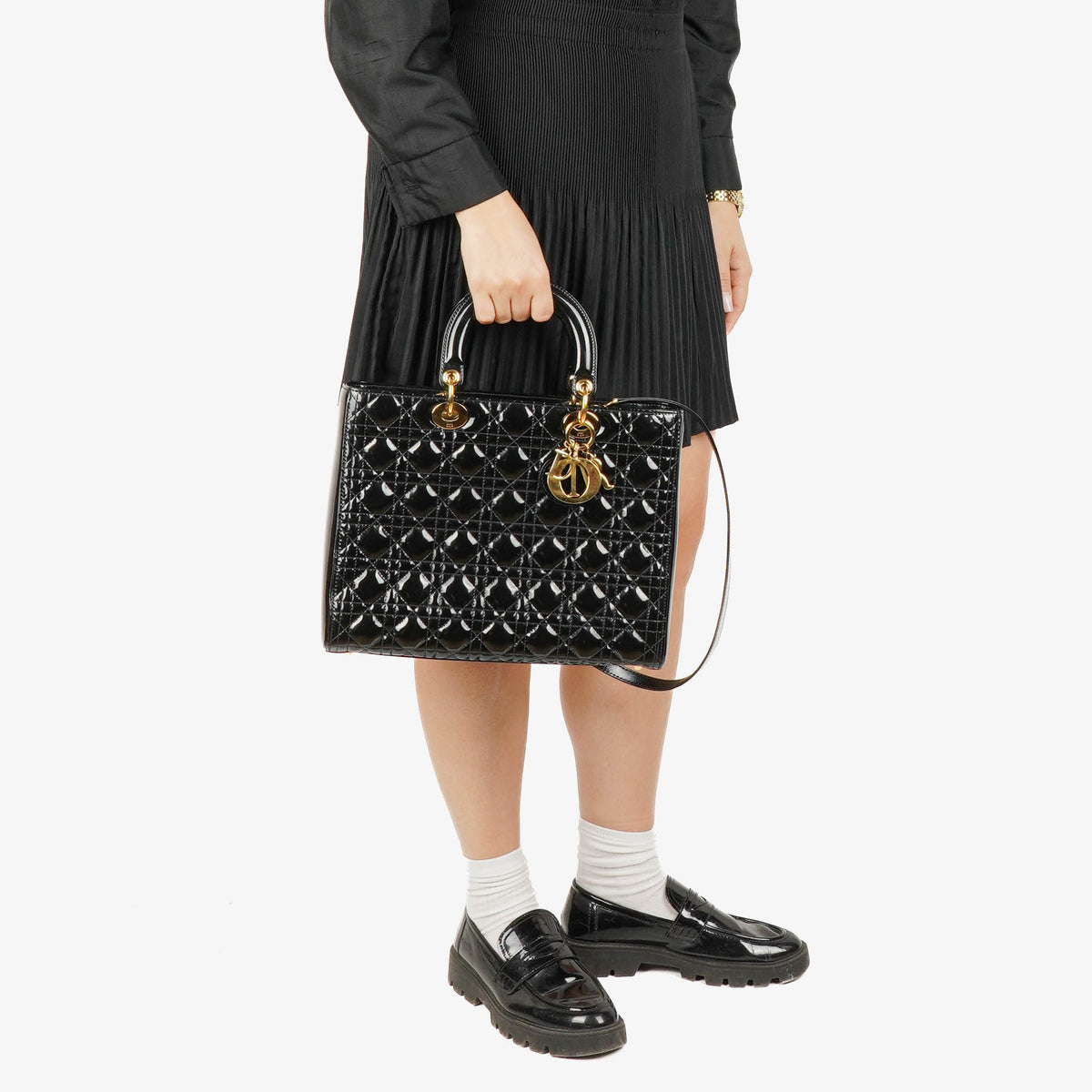 Christian Dior Large Lady Dior Black Cannage Quilted Patent Leather Bag