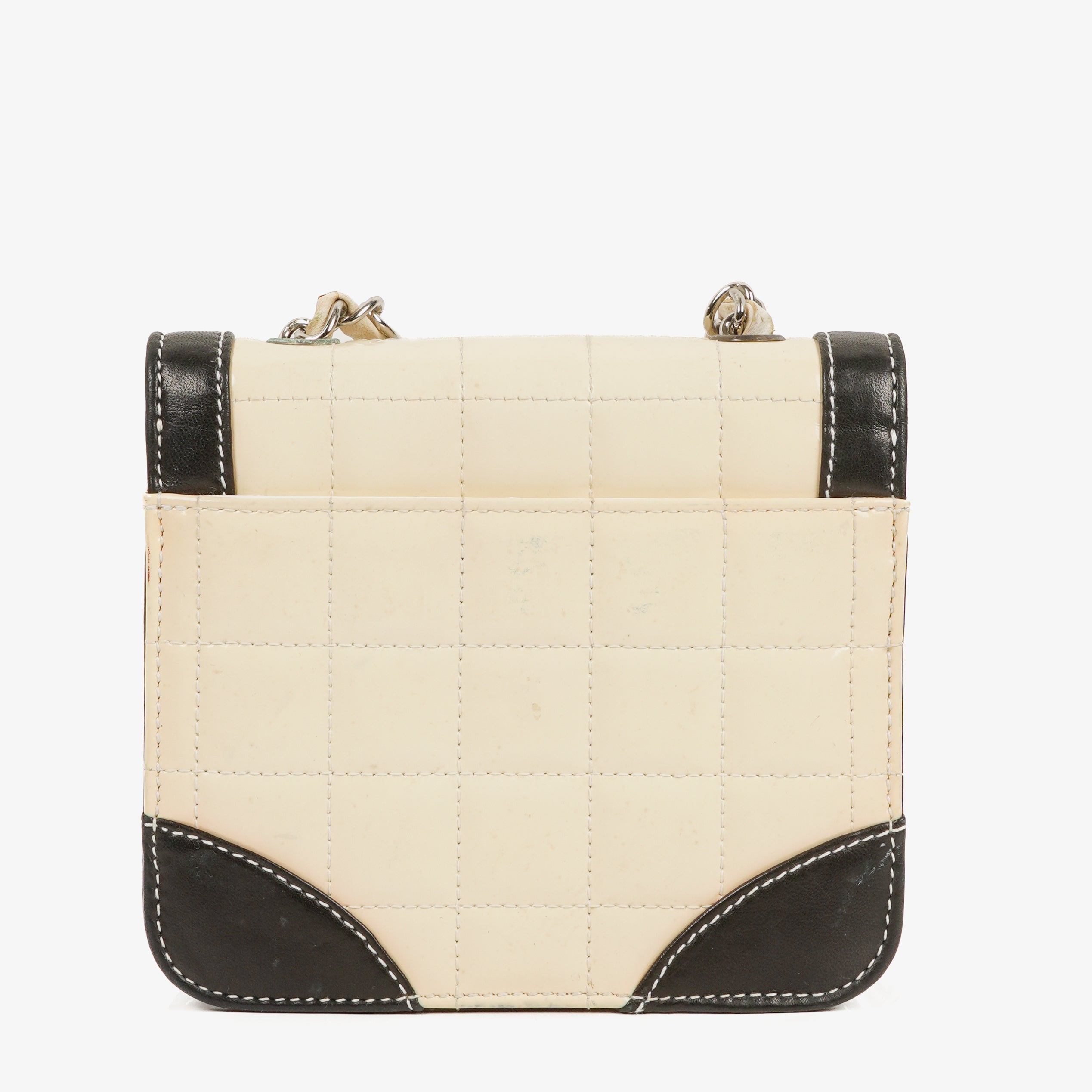 Chanel Vintage Chocolate Bar Square Single Flap Beige Quilted Leather/Patent Leather Chain Shoulder Bag