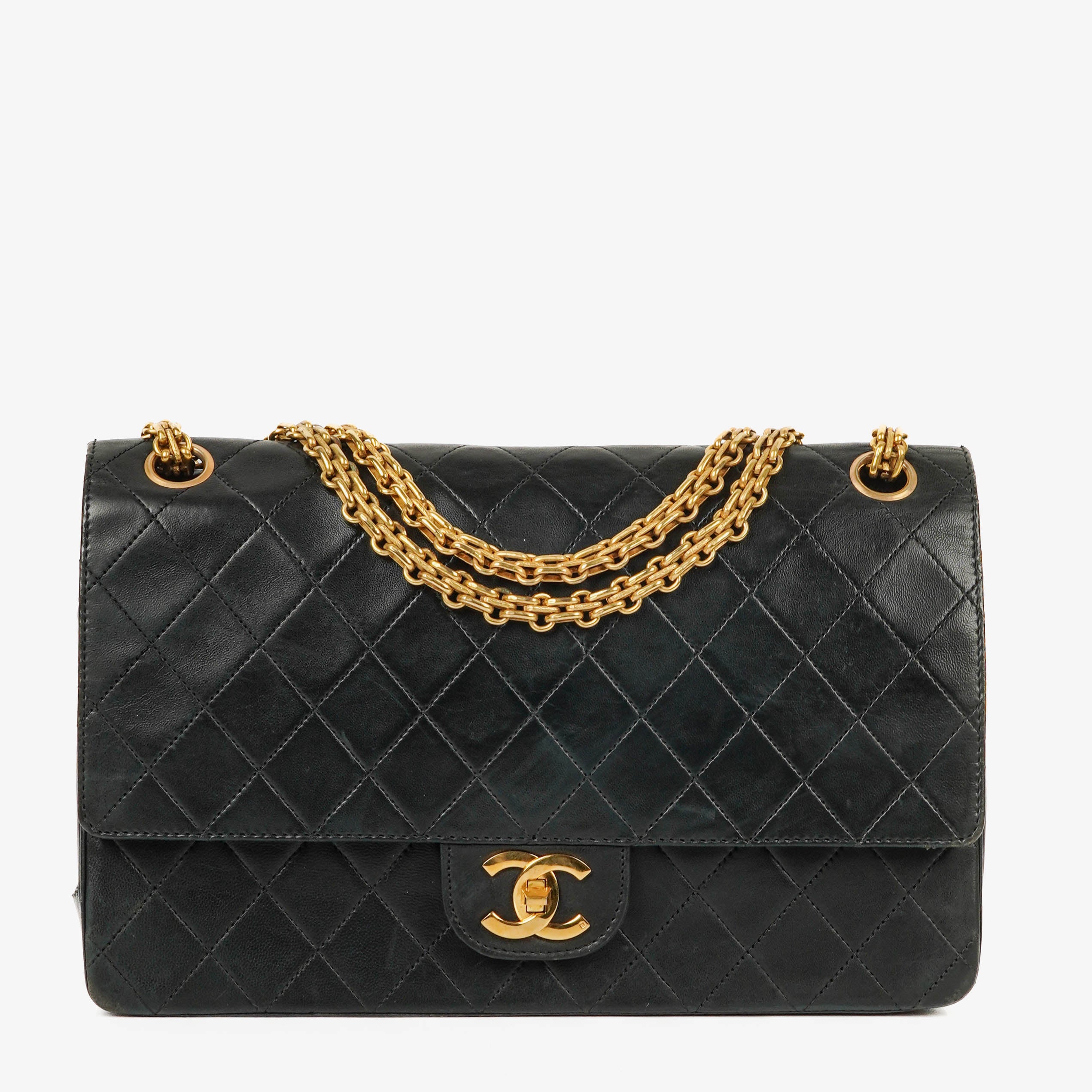Chanel Vintage Medium Timeless Classic Double Flap Bag Black Quilted Lambskin 24K Gold-Plated Hardware And Mademoiselle Chain
