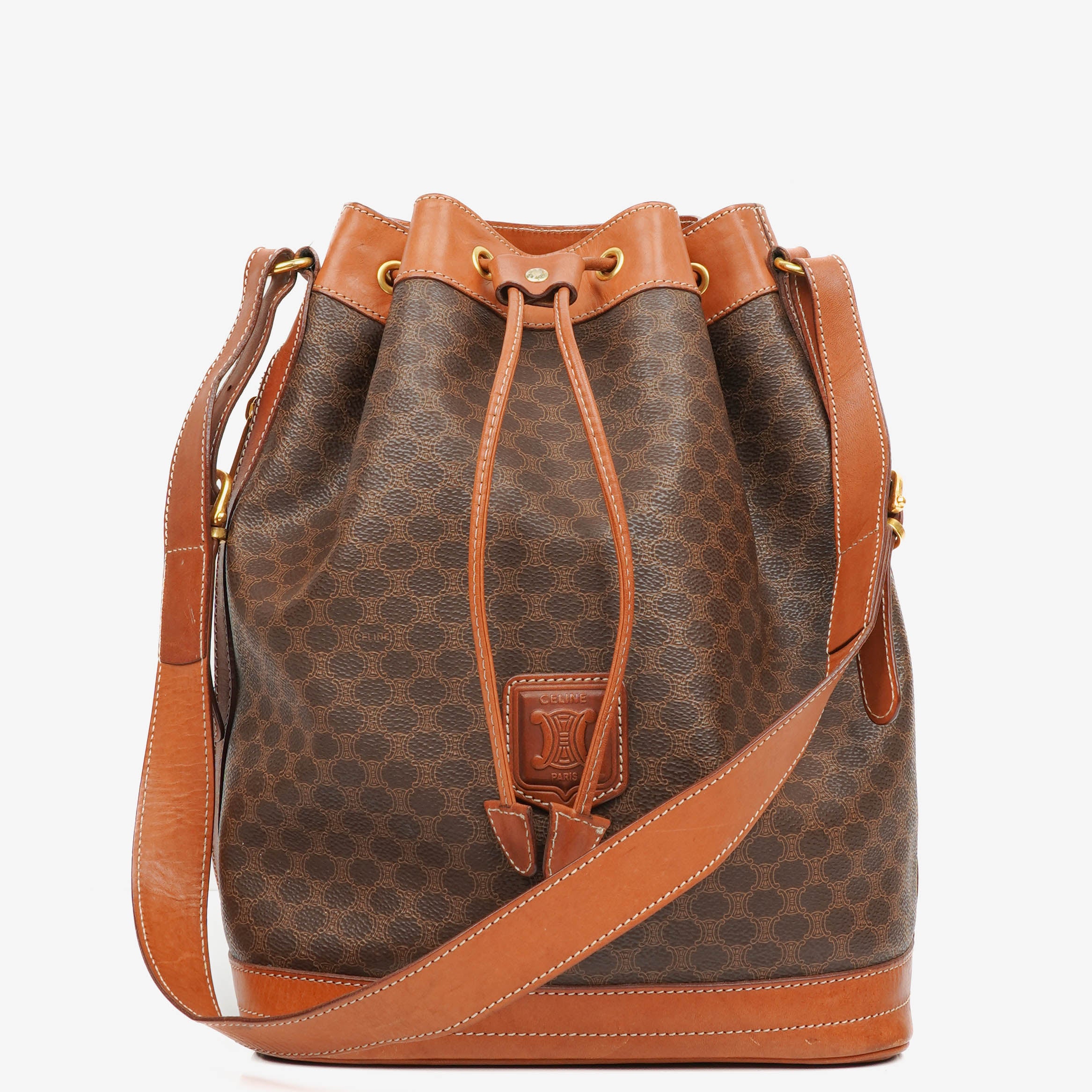 Celine Vintage Macadam Brown Drawstring Bucket Bag