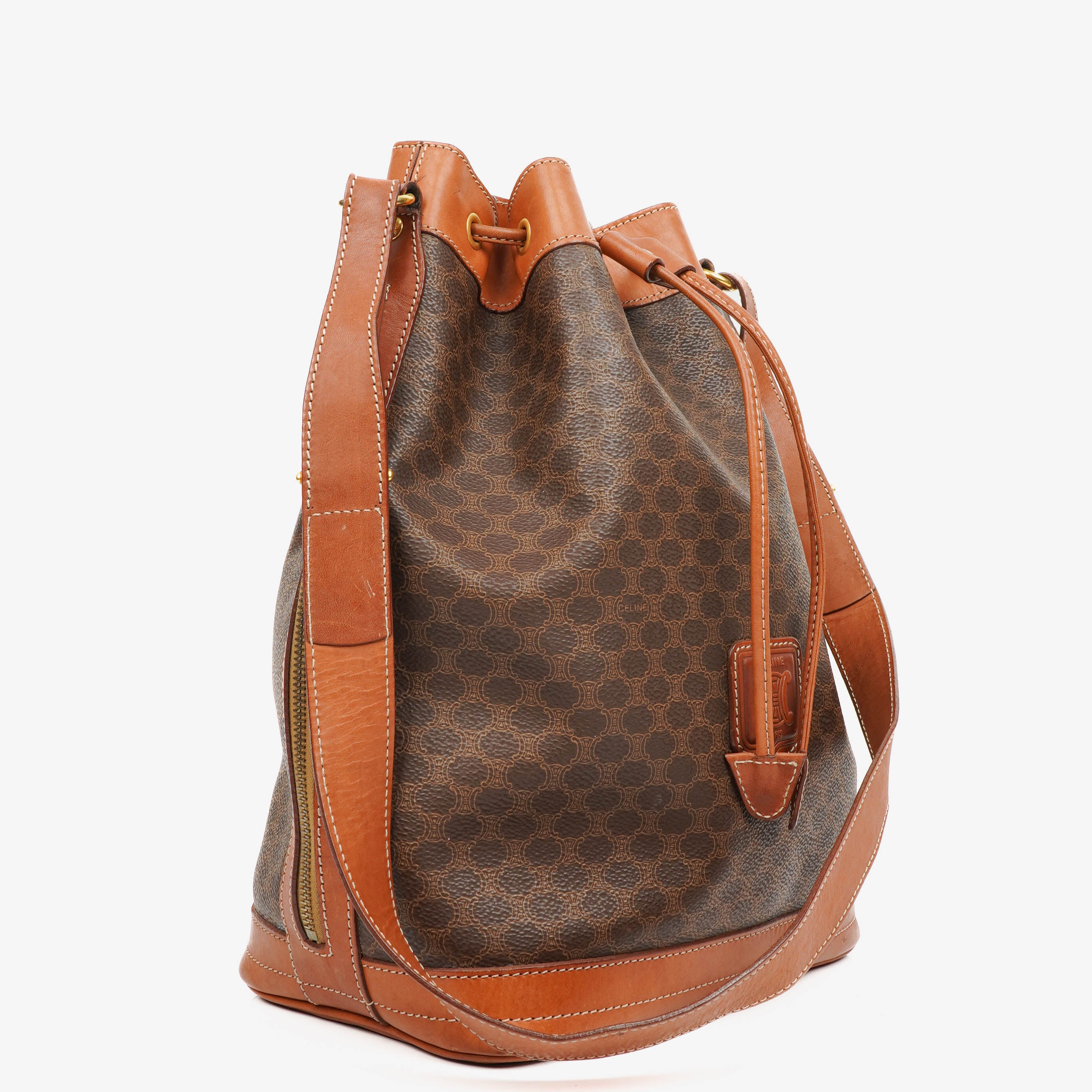 Celine Vintage Macadam Brown Drawstring Bucket Bag