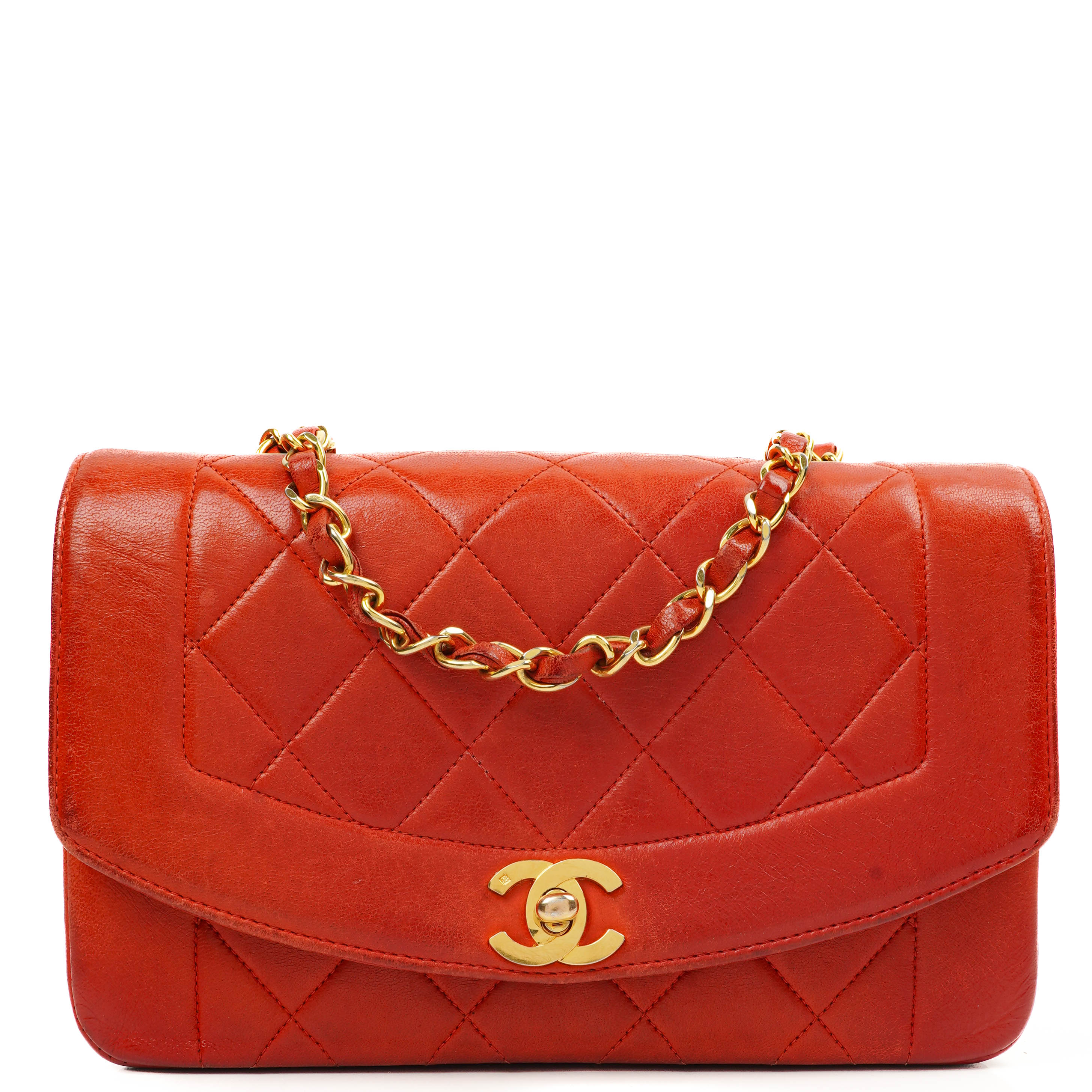 Chanel Vintage Kleine Diana Klappentasche Rotes Gestepptes Leder 24K Vergoldete Beschläge