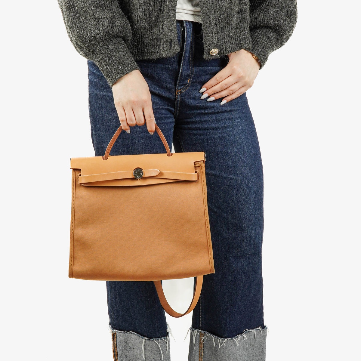 Hermes Herbag Zip 31 PM Vache Hunter Toile Dune/Sable Naturel And Orange With Palladium Hardware