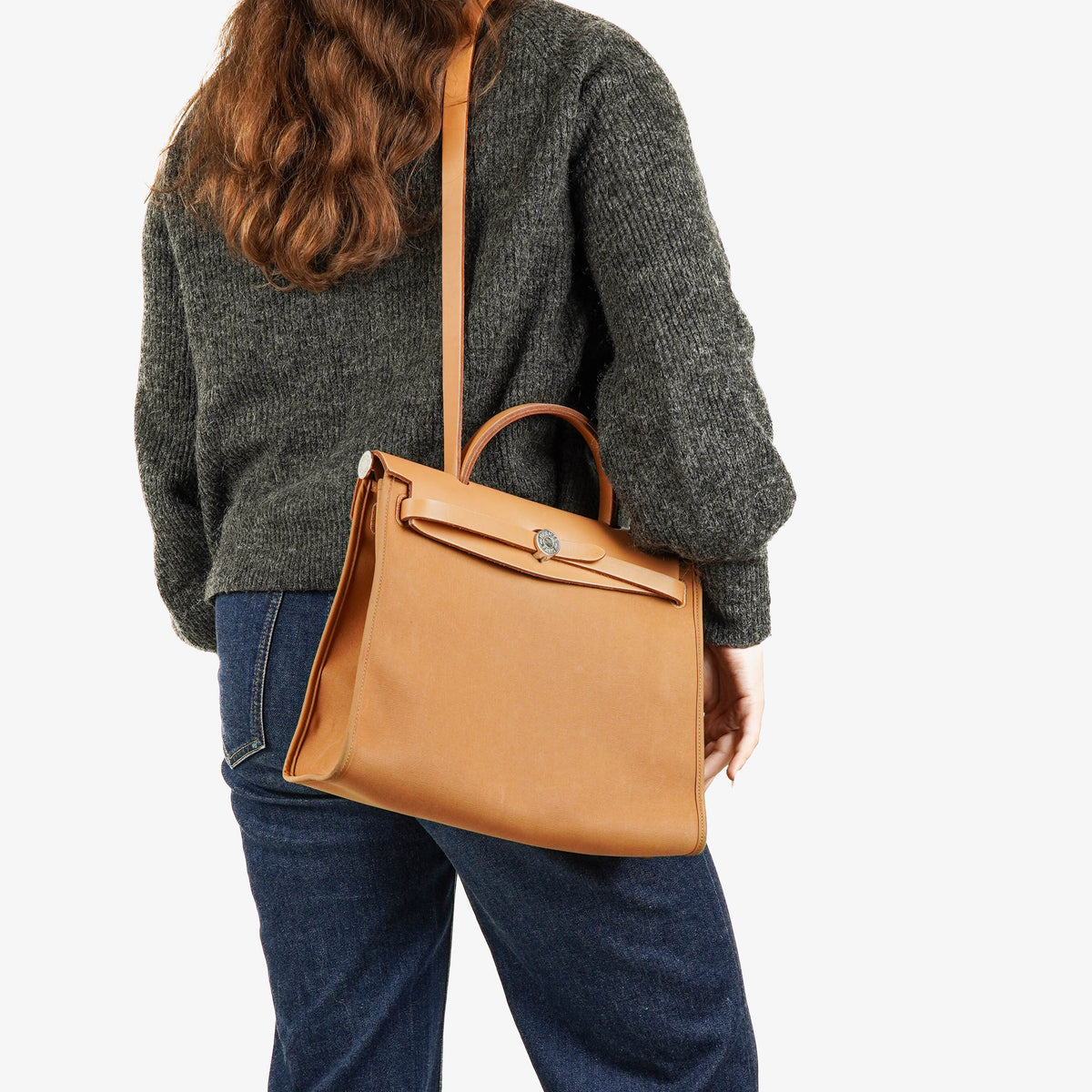 Hermes Herbag Zip 31 PM Vache Hunter Toile Dune/Sable Naturel And Orange With Palladium Hardware
