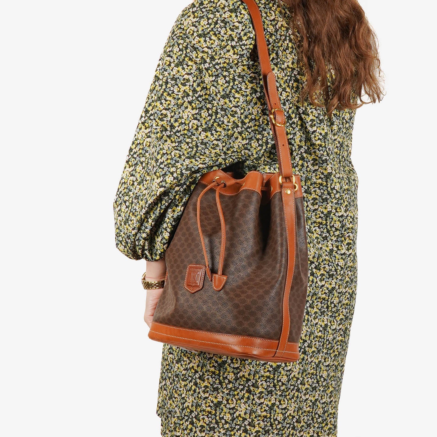 Celine Vintage Macadam Brown Drawstring Bucket Bag
