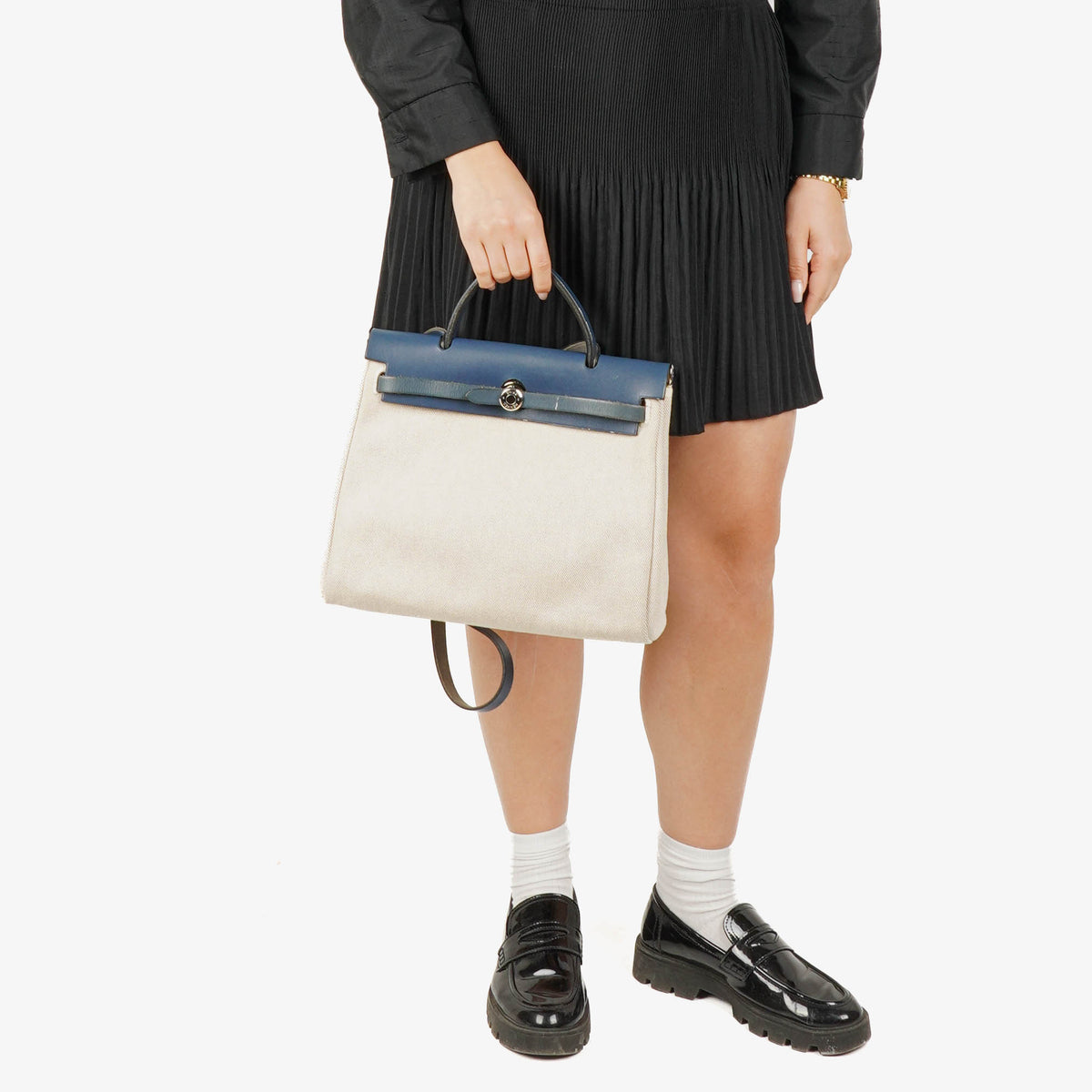 Hermes Herbag Natural/Navy Toile Vache Hunter 2 In 1 Bag