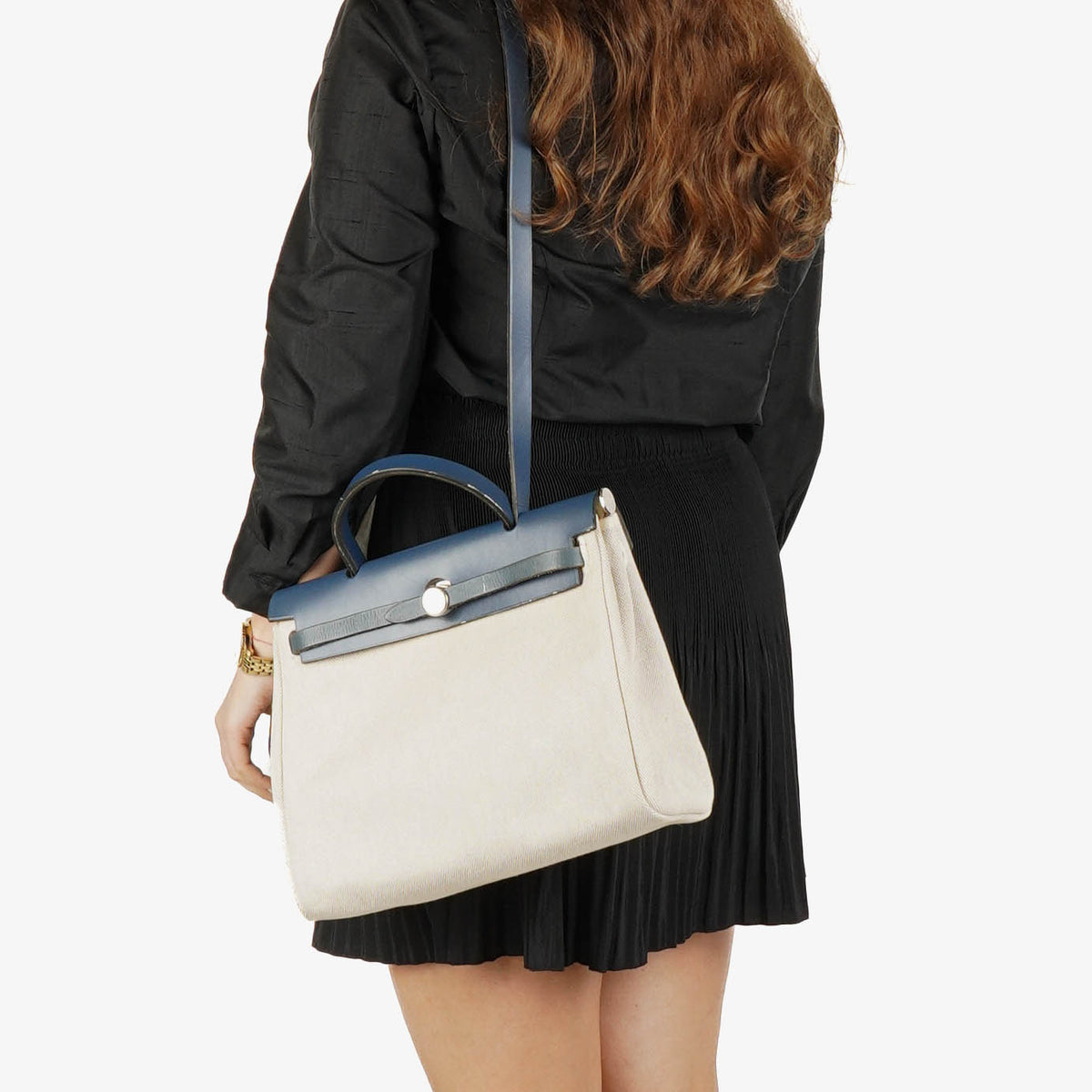 Hermes Herbag Natural/Navy Toile Vache Hunter 2 In 1 Bag