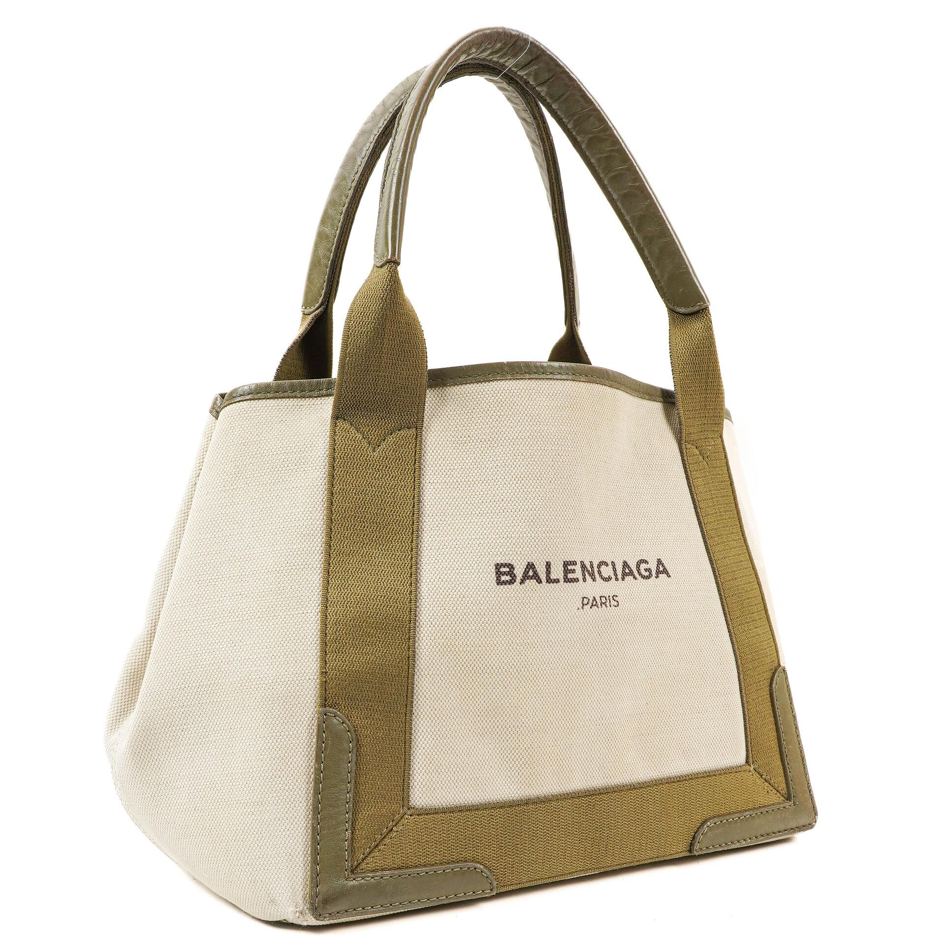 Balenciaga Navy Cabas Small Green Calfskin Cotton Canvas Bag