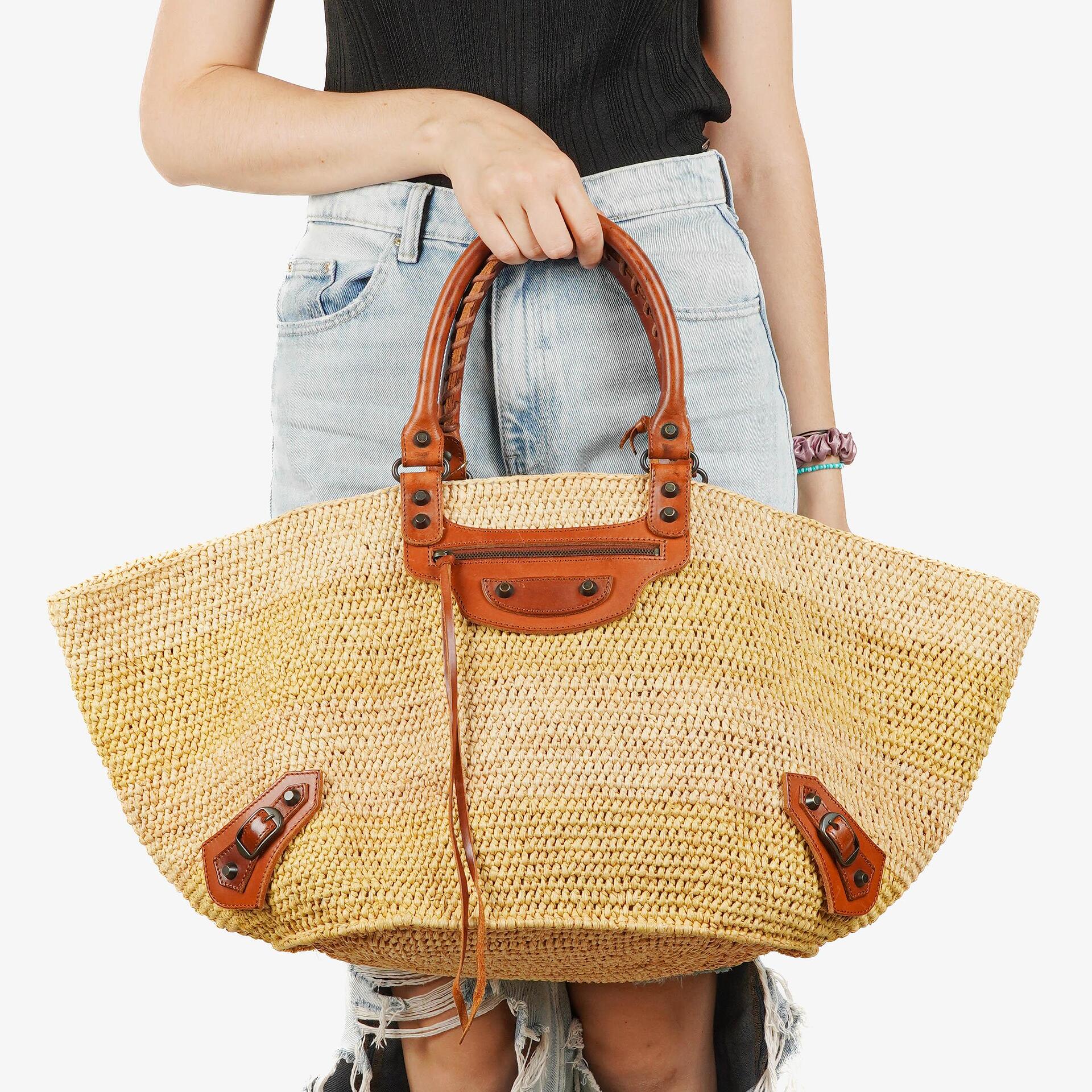 Balenciaga Panier Raffia Woven Large Brown Leather Tote Bag