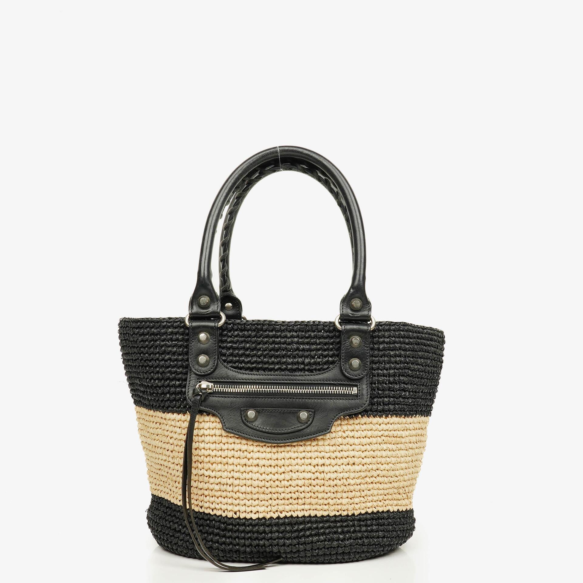 Balenciaga Woven Natural/Black Rafia Panier Tote Bag