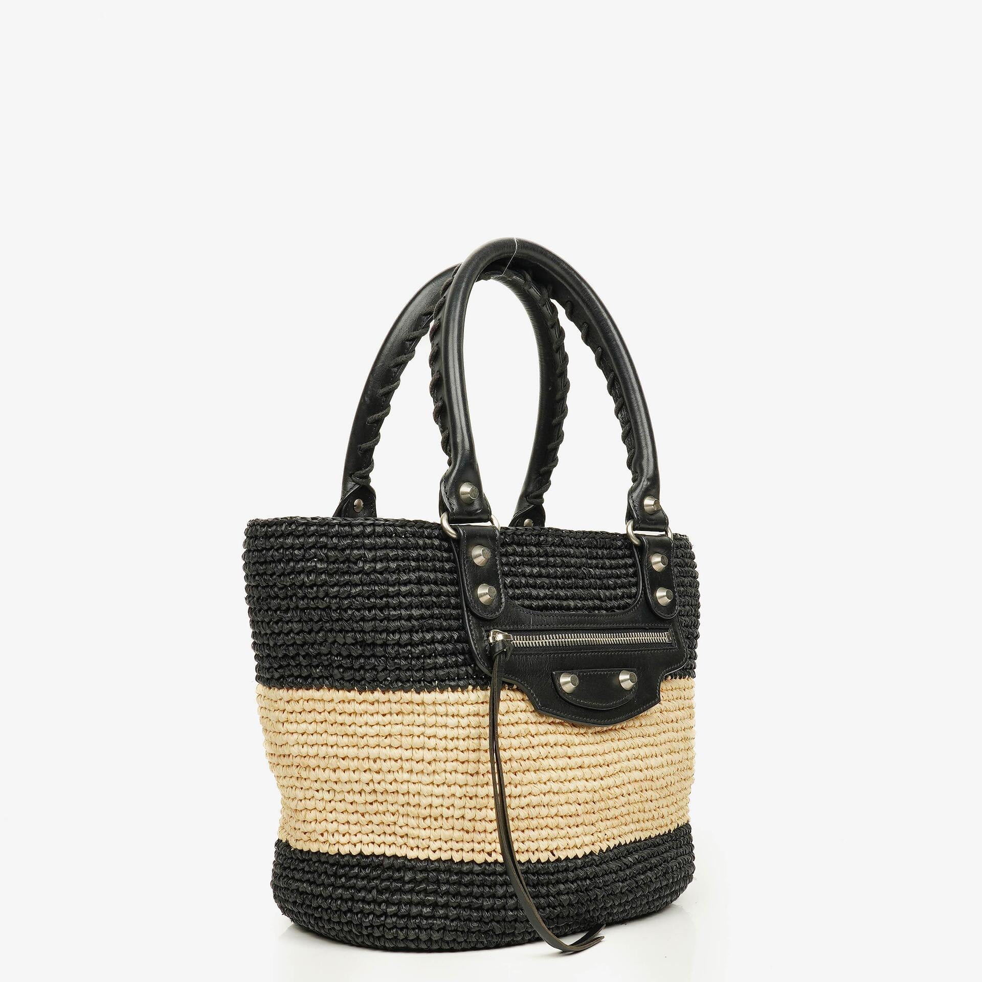 Balenciaga Woven Natural/Black Rafia Panier Tote Bag